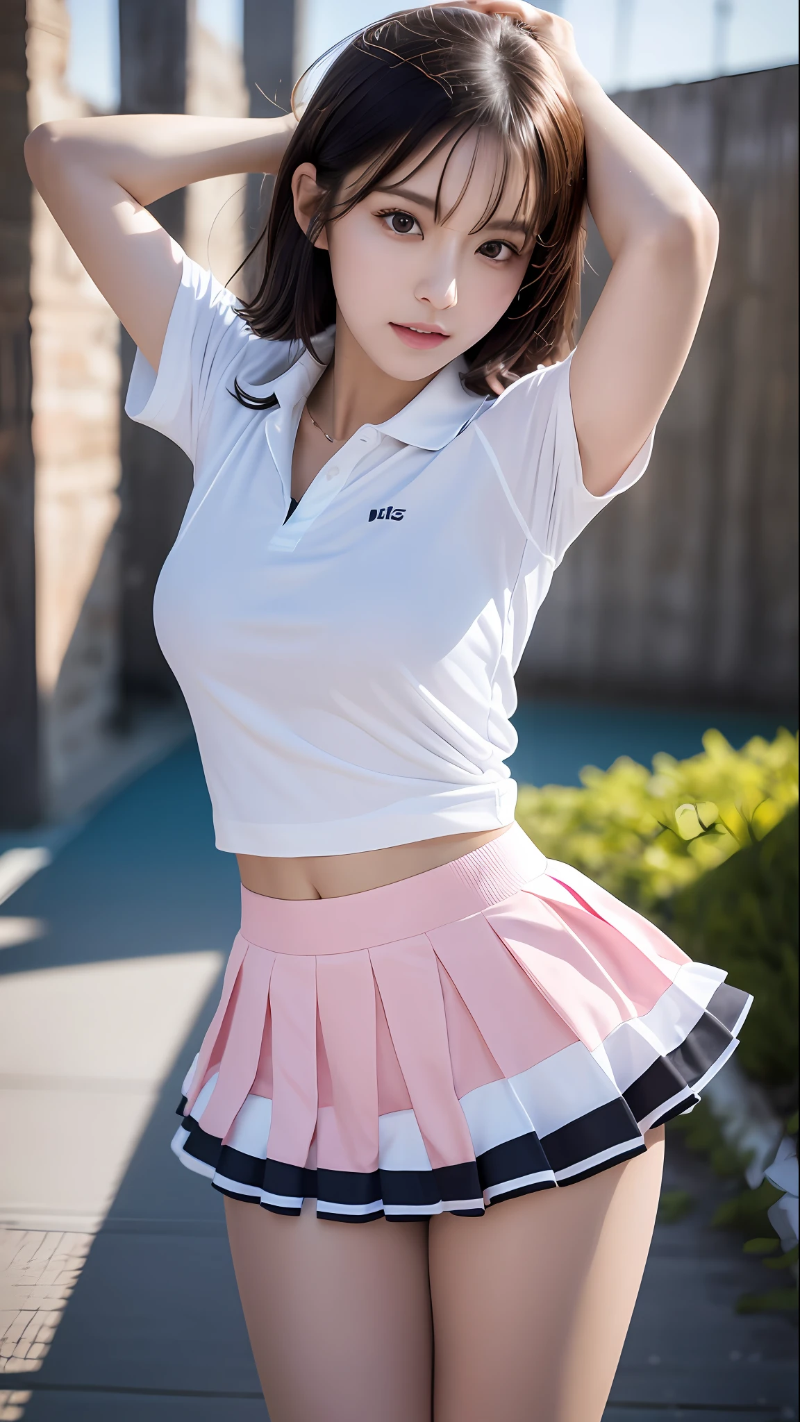 1 girl, solo, white polo shirt, white sneakers, pink tennis wear: 1.3, white mini skirt, masterpiece, top quality, realistic, hyper detail, (glossy skin, sweaty: 1.4), absurdity, camera gaze, short black hair, brown eyes, slender, dynamic lighting, high resolution, sharp focus, depth of field, detailed eyes, sharp eyes, realistic eyes, (big: 1.2), (Thick Thighs: 1.0), Outdoor, Sky, Korean Idol, Nogizaka Idol, Gravure Idol, Actress,