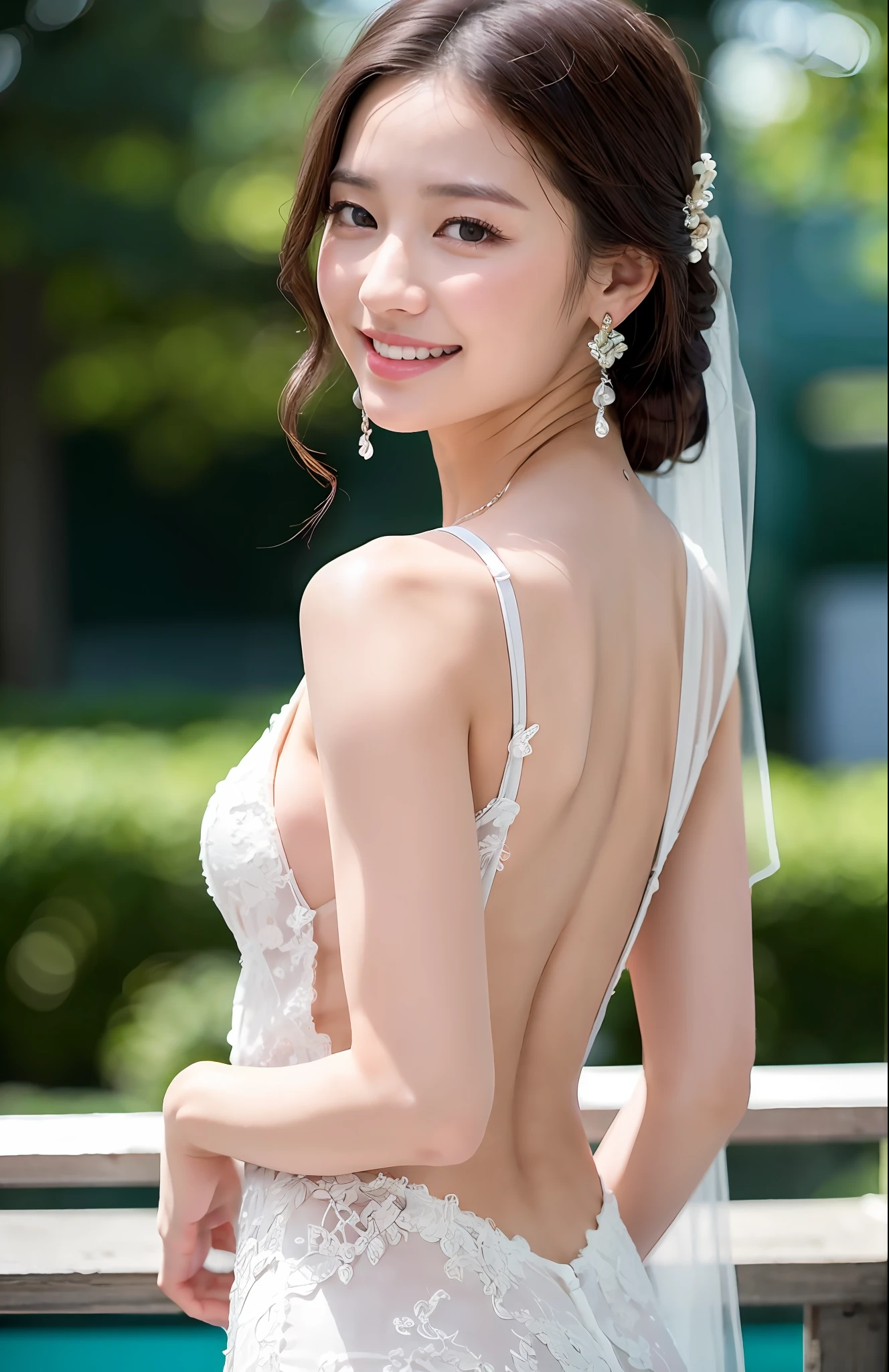 turbulent posture, (very delicate and beautiful work), (masterpiece), 1girl, beautiful sea background, girl in wedding dress holding pink hibiscus in hand, veil, lace, high definition, ridiculous, charming expression, smile, beautiful clear eyes, green eyes, delicate necklace, delicate earrings, full body, vivid flower garden, simple background blur, ultra-fine depiction, beautiful, charming, Ultra-fine picture, delicate face, delicate figure, thin collarbone, lovely lips, beauty big, soft back, mix4, (8k, RAW photo, best quality), masterpiece: 1.2), (realistic, photorealistic: 1.37), one girl, cute, professional writing, photon mapping, radiosity, physically based rendering