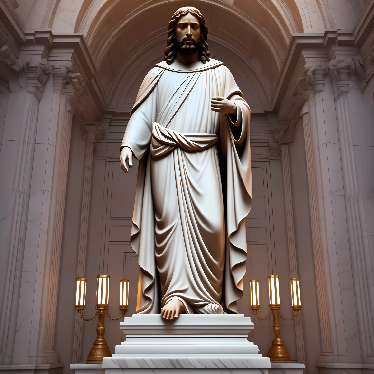 A realistic full-length white marble statue of jesus wearing a ghostly toga, neutral background, Moody, , photorealistic, cinematic scene, super detailed, hyper realistic, bright lights, 8K