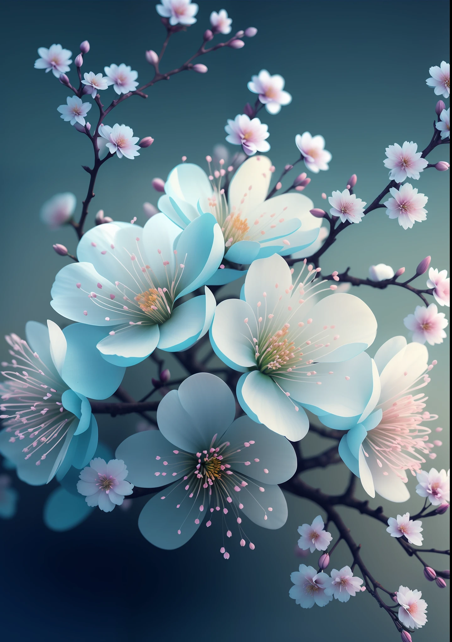 there is a close up of a bunch of flowers on a branch, paul barson, flower blossoms, beautiful digital artwork, beautiful digital art, flowers and blossoms, surreal waiizi flowers, beautiful flowers, blooming flowers, flowers with intricate detail, incredibly beautiful, beautiful art, beautiful composition 3 - d 4 k, gorgeous digital art, sakura flowers