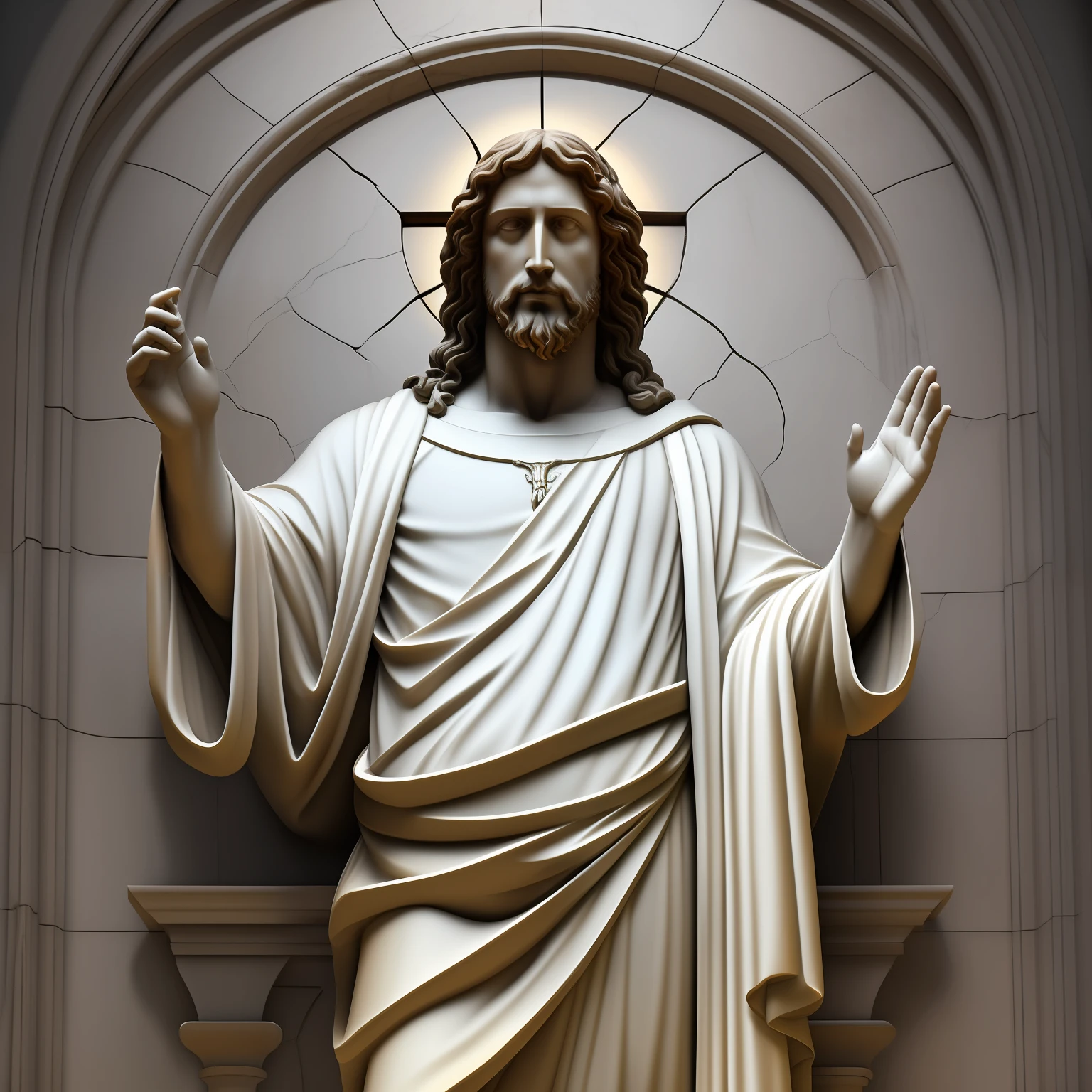 A realistic full-length white marble statue of jesus wearing a ghostly toga, neutral background, Moody, , photorealistic, cinematic scene, super detailed, hyper realistic, bright lights, 8K