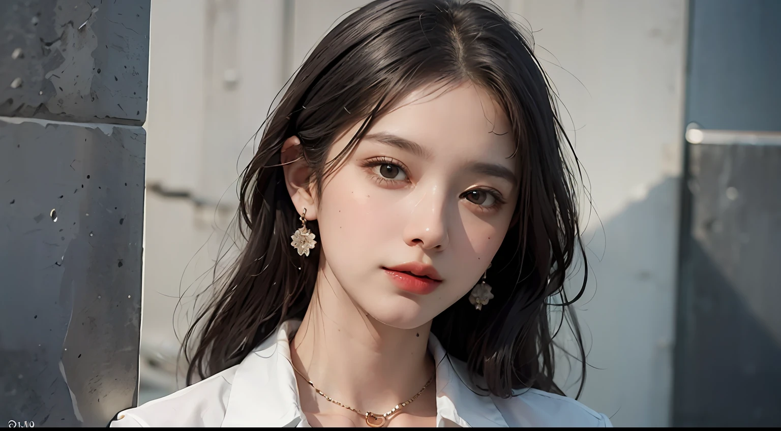 (buttons up to shirt length: 1.2), (white shirt wet in the rain), (shirt unbuttoned: 1.1), big, deep cleavage, top quality, masterpiece, photo-like, pose to take pictures, full body is shown, very delicate and beautiful, very detailed, CG, unity, 8k wallpaper, amazing, fine details, highly detailed CG Unity 8K wallpaper, huge file size, Very detailed, high resolution, handsome detailed woman, highly detailed eyes and face, stunning detailed eyes, face light, (best illustration: 1.1), (best shadow: 1.1), super high resolution, (photorealistic: 1.1), (photorealistic 1.2:1.1), realistic face proportions, slim, smile, (makeup: 0.4), (fluffy black eyes: 1.21), black eyes, Watch Dark Brown Hair, Earrings, Necklace, Hairpin, Cowboy Shot, (Irregular Irregular Skin Imperfections, Veins, Wrinkled Pores: 1.2), (Dark Night Background: 1.2), (Bokeh: 1.4), --s 1000