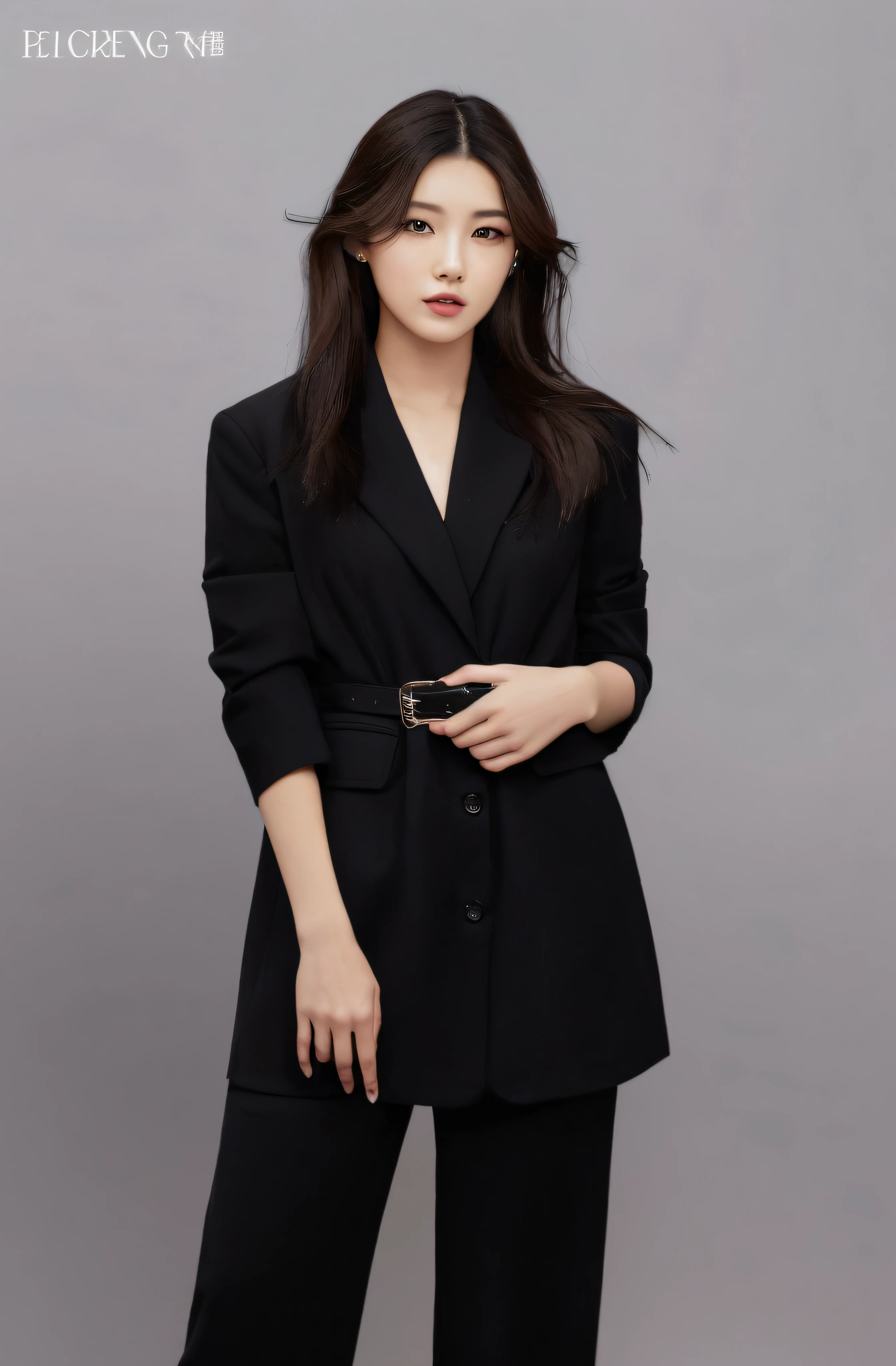 a woman in a black suit and black pants posing for a picture, long black jacket, wearing black coat, black coat, bae suzy, casual black clothing, wearing black modern clothes, wearing a black jacket, woman in black business suit, wearing black clothes, wearing a black noble suit, girl in a suit, girl in suit, wearing in black clothes