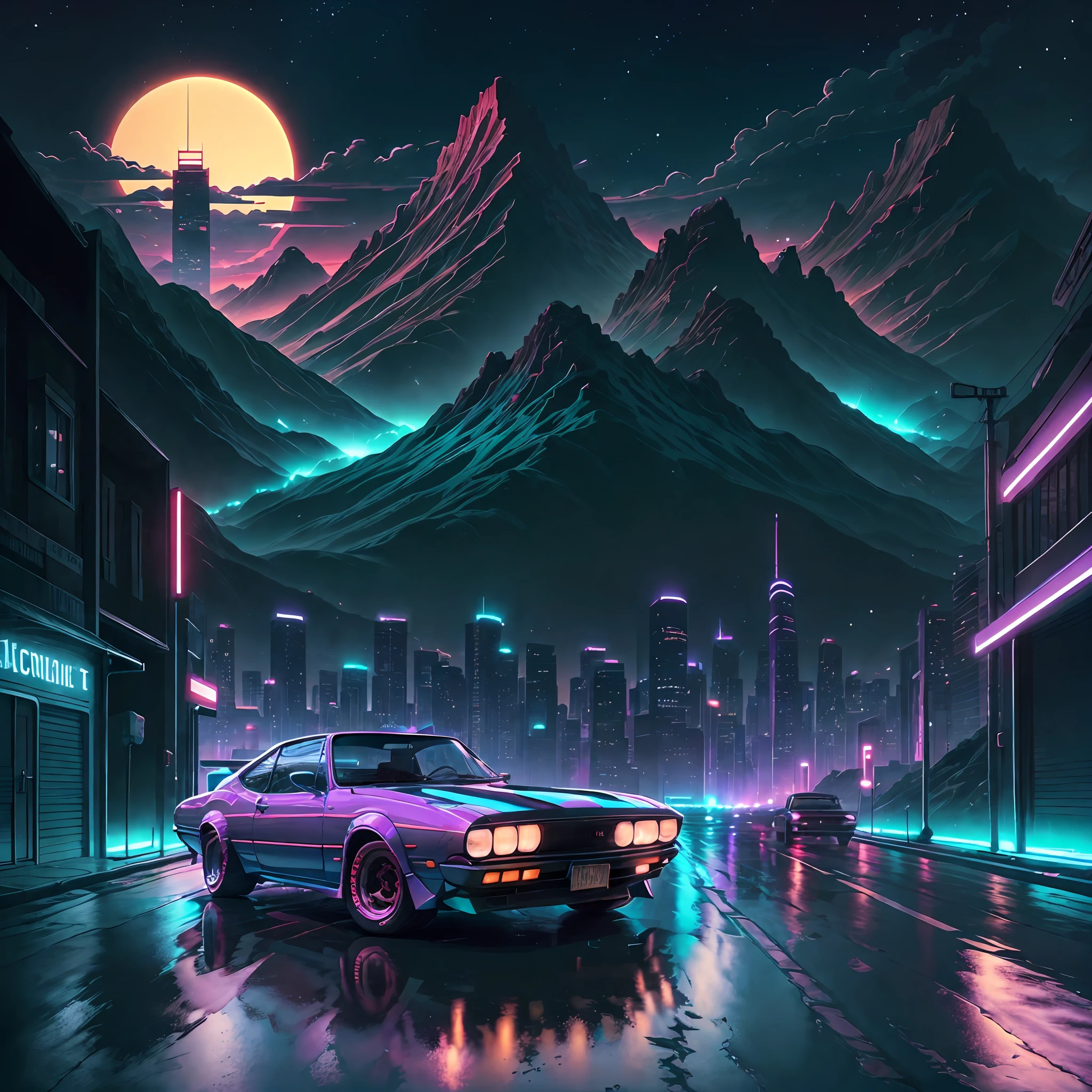 retrowave. city, 1969 Nissan S30, wide body kit, road,  purple neon lights, sun, mountain, 
(masterpiece,detailed,highres),