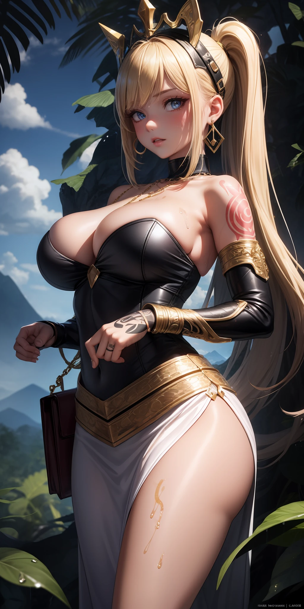 Very detailed CG, beautiful eyes, girl on snake back, 1 girl, red face, slightly open lips, wet body, visibly translucent white liquid on face and mouth, plump and symmetrical breasts, bulging buttocks, black armor, gold trim, white tight deep V long skirt, blonde hair, various hairstyles, headdresses, earrings, necklaces, belts, tattoos, handheld chains, black python, interbody entanglement, winding effect, chest close-up, buttocks close-up, liquid special effects, multiple angles, jungle, sky, mountains, Clouds, Dynamic Angle, Flowing, 8k Wallpaper, Masterpiece, Best Quality, Ultra Detailed, Best Lighting, Best Shadows