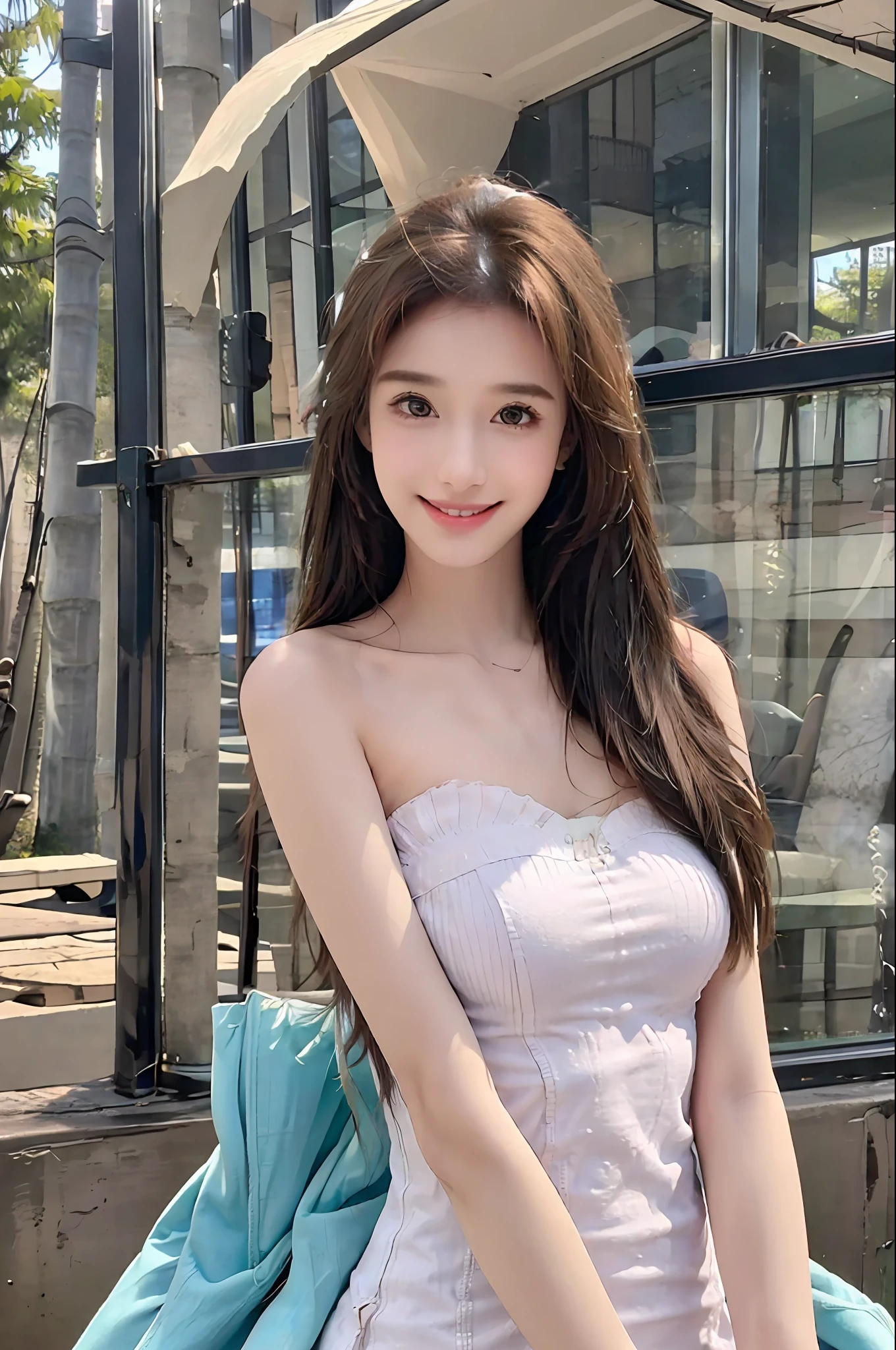 Realistic, High resolution, 1 girl, long hair, ((((Leaning Tower Of Pisa background)))), sitting upright, smiling, slightly hunched over, big breasts: 1.2, ((pink bandeau padded chest dress, shoulders))), ((sleeveless, strapless))),messy hair