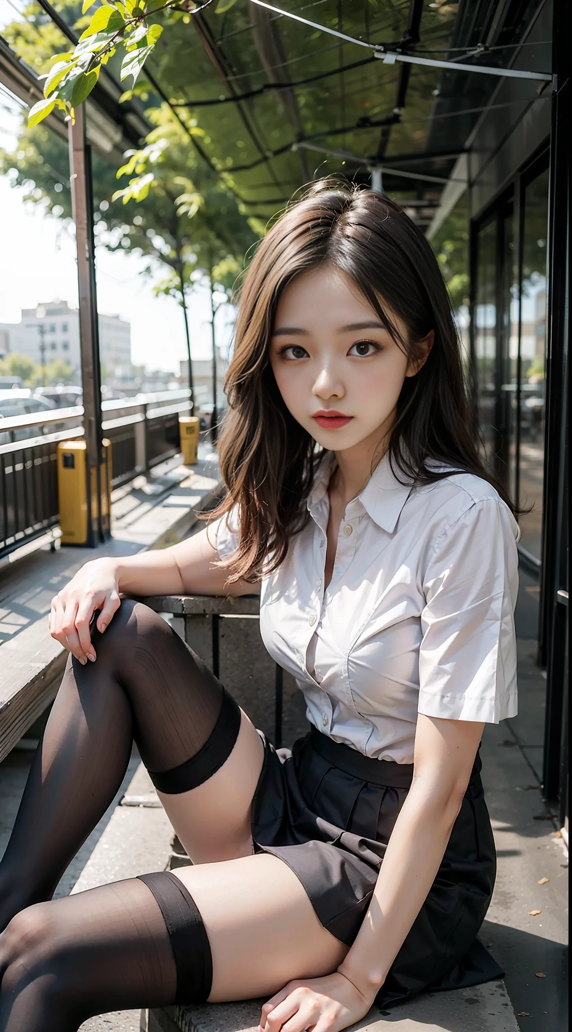Best quality, full body portrait, delicate face, pretty face, 25 year old woman, slim figure, small bust, OL uniform, office clothes, black stockings, outdoor scene, sitting position