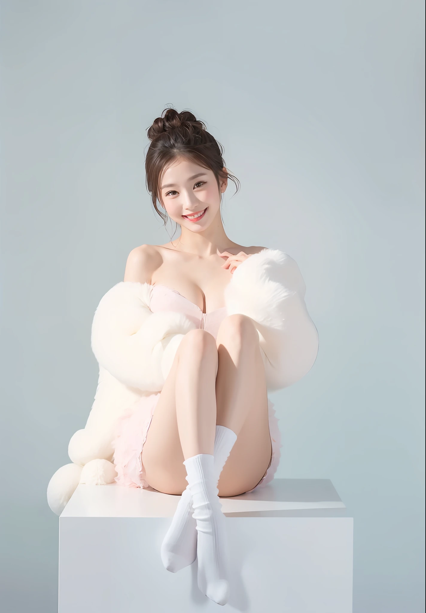 Flowers all over the wall, (best light: 1.2, cute Korean girl: 1.2, [white dress: 1.3], wearing pink long-haired mink bandeau dress, holding a white rabbit in her hand, multicolored flower wall, poster level, flowers on the wall are not crowded, elegant and colorful: 1.1, bright and moving: 1.1, [ultra-detailed: 1.2 + dynamic pose + delicate: 1.2],), big breasts, pursed lips and smiles, The sides are five-colored flowers, the wall is pink hydrangeas, roses, colorful chrysanthemums, and the background wall is a wall of flowers dominated by pink