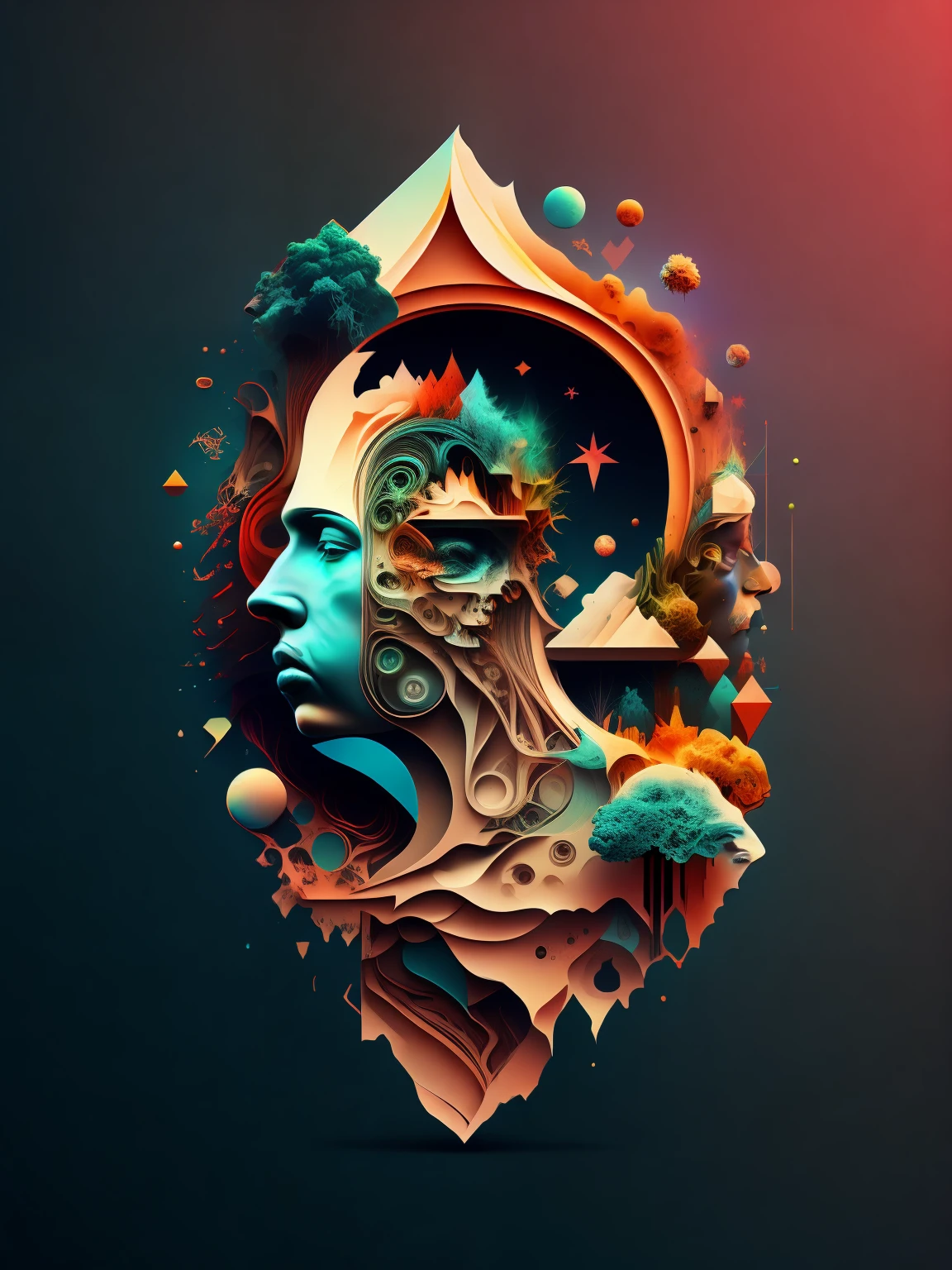 a stylized image of a person's head with a lot of different things in it