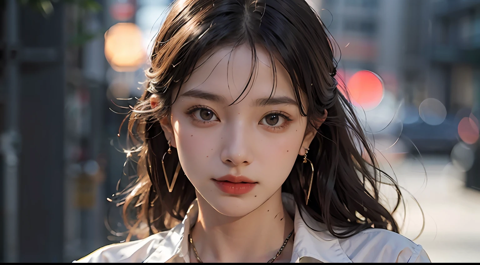 (buttons up to shirt length: 1.2), (white shirt wet in the rain), (shirt unbuttoned: 1.1), big, deep cleavage, top quality, masterpiece, photo-like, pose to take pictures, full body is shown, very delicate and beautiful, very detailed, CG, unity, 8k wallpaper, amazing, fine details, highly detailed CG Unity 8K wallpaper, huge file size, Very detailed, high resolution, handsome detailed woman, highly detailed eyes and face, stunning detailed eyes, face light, (best illustration: 1.1), (best shadow: 1.1), super high resolution, (photorealistic: 1.1), (photorealistic 1.2:1.1), realistic face proportions, slim, smile, (makeup: 0.4), (fluffy black eyes: 1.21), black eyes, Watch Dark, Brown Hair, Earrings, Necklace, Hairpin, Cowboy Shot, (Irregular Irregular Skin Imperfections, Veins, Wrinkled Pores: 1.2), (Dark Night Background: 1.2), (Bokeh: 1.4), Embarrassing Face, Red Cheeks, Best Quality, Best Resolution
