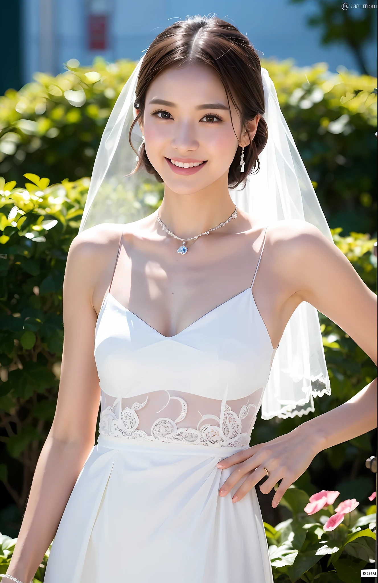 turbulent posture, (very delicate and beautiful work), (masterpiece), 1girl, beautiful sea background, girl in wedding dress holding pink hibiscus in hand, veil, lace, high definition, ridiculous, charming expression, smile, beautiful clear eyes, green eyes, delicate necklace, delicate earrings, full body, vivid flower garden, simple background blur, ultra-fine depiction, beautiful, charming, Ultra-fine picture, delicate face, delicate figure, thin collarbone, lovely lips, beauty big, soft back, mix4, (8k, RAW photo, best quality), masterpiece: 1.2), (realistic, photorealistic: 1.37), one girl, cute, professional writing, photon mapping, radiosity, physically based rendering