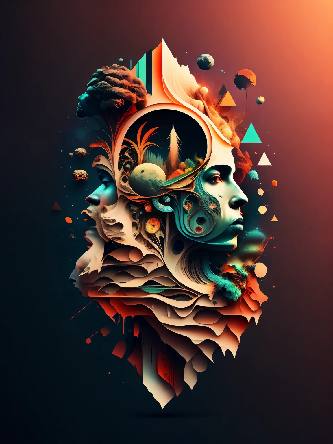 a stylized image of a person's head with a lot of different things in it