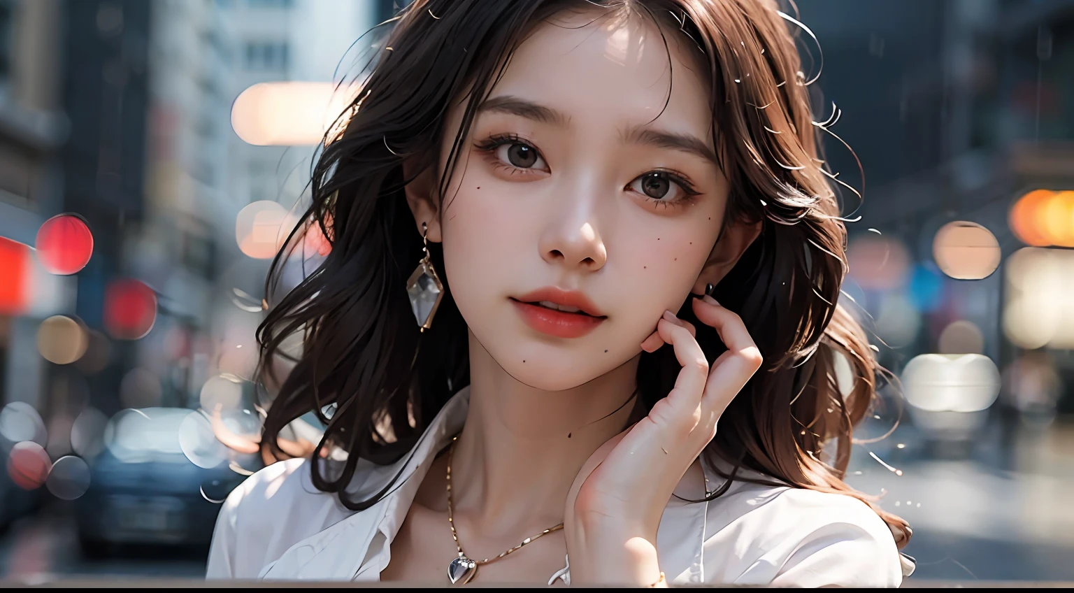 (buttons up to shirt length: 1.2), (white shirt wet in the rain), (shirt unbuttoned: 1.1), big, deep cleavage, top quality, masterpiece, photo-like, pose to take pictures, full body is shown, very delicate and beautiful, very detailed, CG, unity, 8k wallpaper, amazing, fine details, highly detailed CG Unity 8K wallpaper, huge file size, Very detailed, high resolution, handsome detailed woman, highly detailed eyes and face, stunning detailed eyes, face light, (best illustration: 1.1), (best shadow: 1.1), super high resolution, (photorealistic: 1.1), (photorealistic 1.2:1.1), realistic face proportions, slim, smile, (makeup: 0.4), (fluffy black eyes: 1.21), black eyes, Watch Dark, Brown Hair, Earrings, Necklace, Hairpin, Cowboy Shot, (Irregular Irregular Skin Imperfections, Veins, Wrinkled Pores: 1.2), (Dark Night Background: 1.2), (Bokeh: 1.4), Embarrassing Face, Red Cheeks, Best Quality, Best Resolution