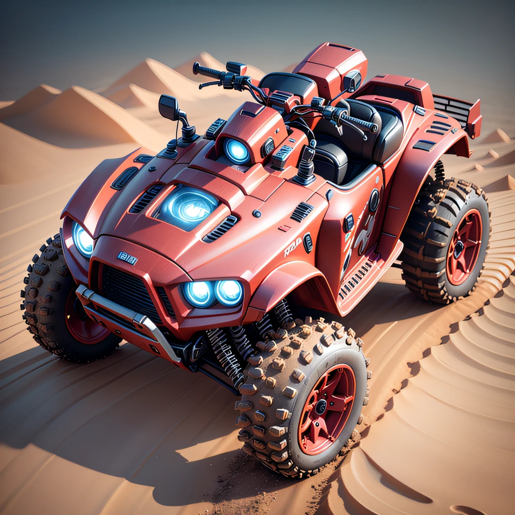 A futuristic black sounded ATV with red lights with a cabin in the back, designed by Daniel Simon, rendered by RenderMan, hard surface modeling, ray tracing, ambient occlusion rendering, CGSociety Trend --ar 3:2 --v 5