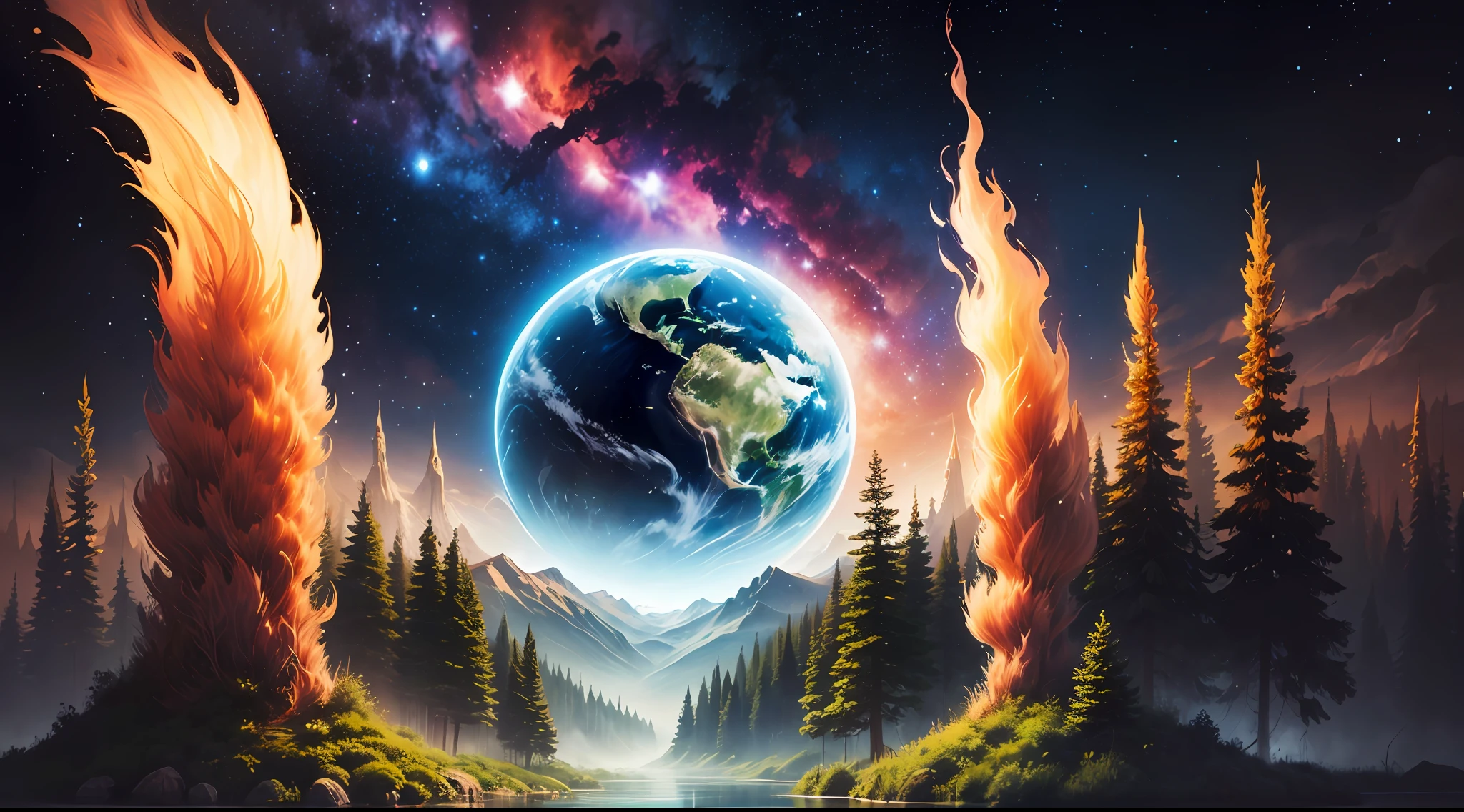 Best Quality, Illustration, Earth, Universe, Water, Fire, Wind, Space, Multiverse, Starry Sky, Forests --auto