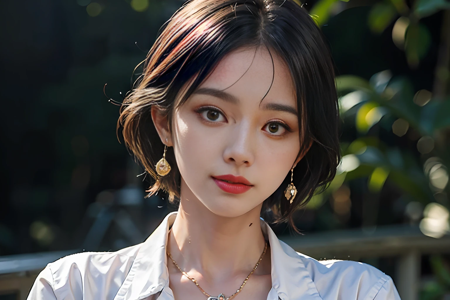 (buttons up to shirt length: 1.2), (white shirt wet in the rain), (shirt unbuttoned: 1.1), big, deep cleavage, top quality, masterpiece, photo-like, pose to take pictures, full body is shown, very delicate and beautiful, very detailed, CG, unity, 8k wallpaper, amazing, fine details, highly detailed CG Unity 8K wallpaper, huge file size, Very detailed, high resolution, handsome detailed woman, highly detailed eyes and face, stunning detailed eyes, face light, (best illustration: 1.1), (best shadow: 1.1), super high resolution, (photorealistic: 1.1), (photorealistic 1.2:1.1), realistic face proportions, slim, smile, (makeup: 0.4), (fluffy black eyes: 1.21), black eyes, Watch Dark Brown Hair, Earrings, Necklace, Hairpin, Cowboy Shot, (Irregular Irregular Skin Imperfections, Veins, Wrinkled Pores on the Skin: 1.2), (Dark Night Background: 1.2)