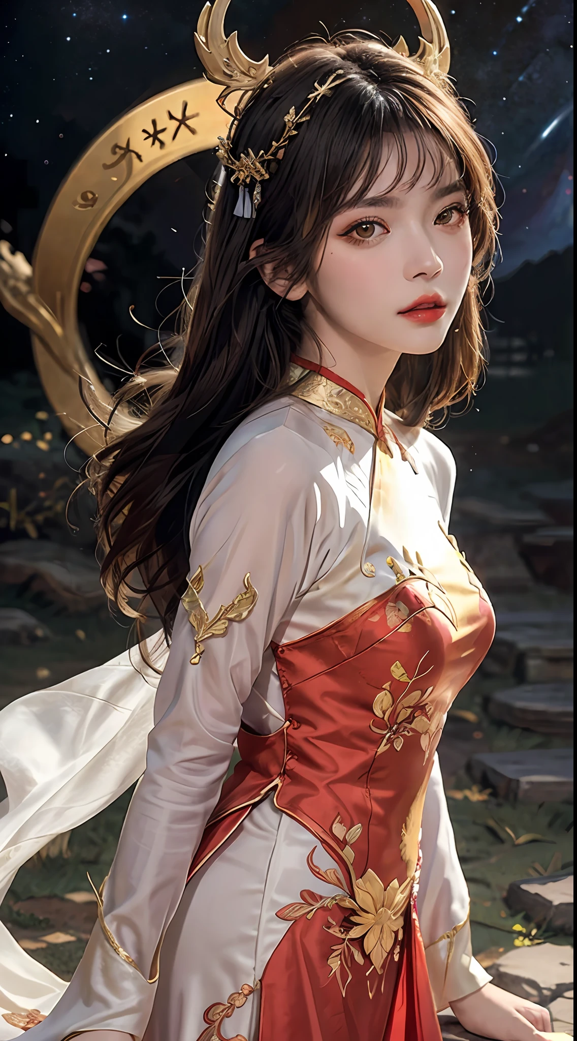 1 27-year-old girl, 1 zodiac goddess from the future, goddess of the pink and purple 12 zodiacs, the goddess of the zodiac in a yellow ao dai, a 12 zodiac ao dai with many black lace detail, mythology Goddess of the 12 zodiacs from the future, zodiac ♏, luxurious glittering zodiac style, dark and mysterious version, zodiac crown, lipstick lips red, thin and beautiful lips, mouth closed, characters made by karol bak and pino daeni, intricate detail, detailed background, extremely detailed, light magic, a woman, clear face, hair long with bangs, beautiful face in detail and well-proportioned eyes, (transparent yellow eyes: 1.8), big round eyes and very beautiful and detailed makeup, foresight, silk dress, mysterious makeup , double bangs and dyed light blonde , upper half portrait, zodiac goddess portrait, arms hanging loosely, Realistic and vivid photo, (stars make up the zodiac: 1.7), (sky background zodiac and fictitious space and time portal: 1.8), fiction art, RAW photo, hanfu picture, best photo, best photo quality, 8k quality, 8k ultra, super realistic, real photo most economical, the goddess poses sexy and seductive,