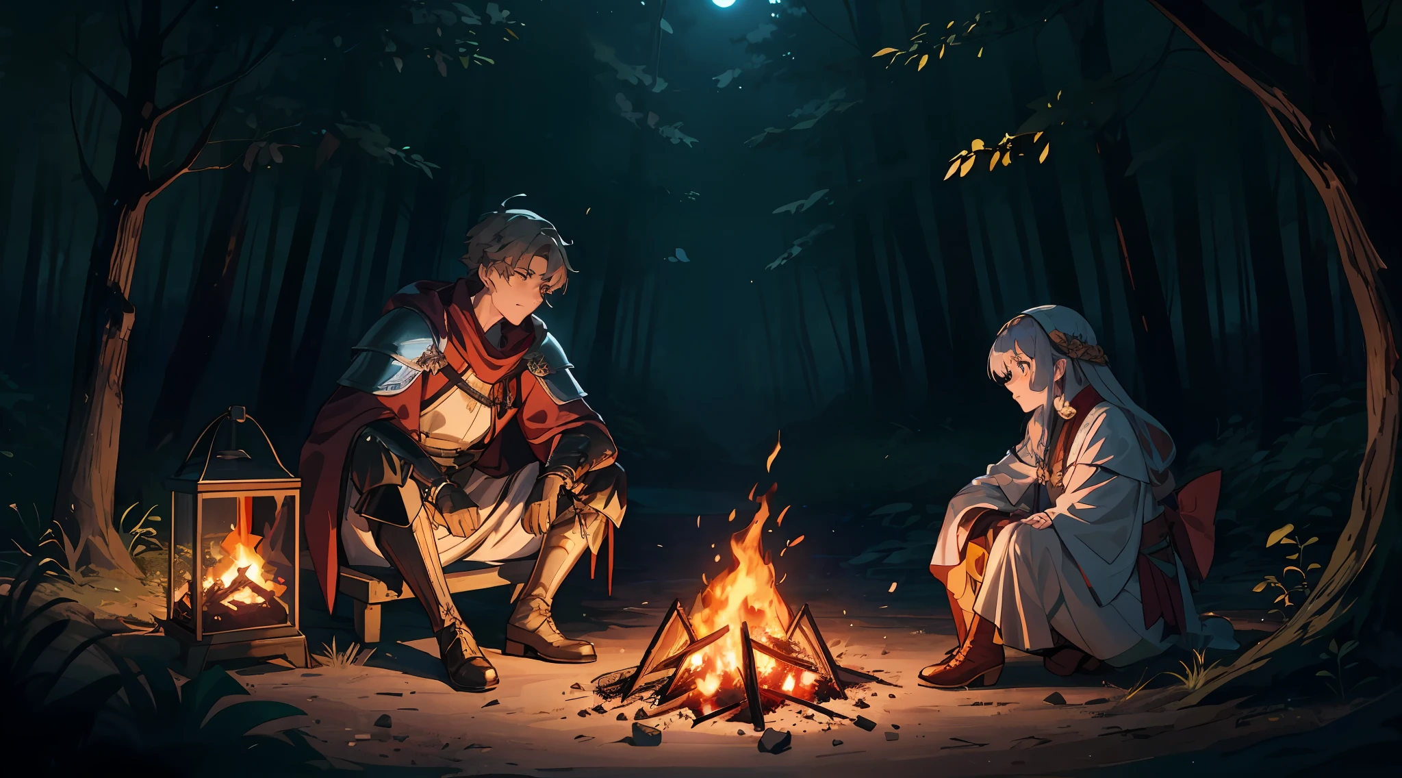 a couple of people sitting around a campfire in the woods, at a campfire in the forest, dnd in a dark forest, at a campfire at night, roleplaying game art, fire emblem, petros and leonid, rpg scene, hd artwork, talking around a fire, fire embers, rpg illustration, highly detailed exquisite fanart, boris valejo. octopath traveler