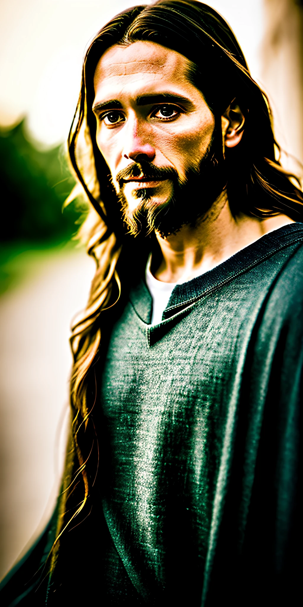portrait of medieval Jesus, cinematic lighting, depth of field, bokeh, realism, photorealistic, hyperrealism, professional photography, uhd, dslr, hdr, period clothing