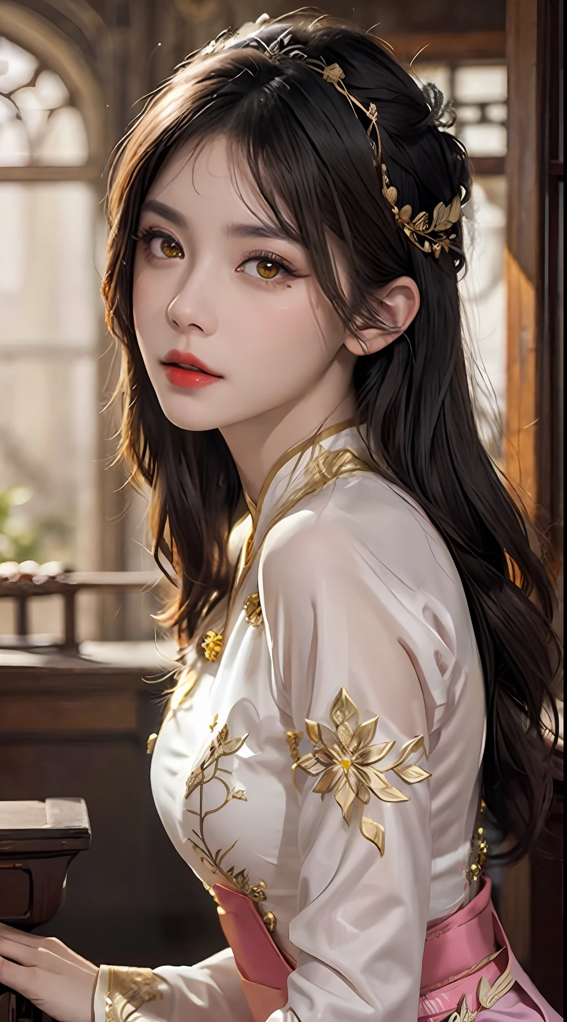 1 27-year-old girl, 1 zodiac goddess from the future, goddess of the pink and purple 12 zodiacs, the goddess of the zodiac in a yellow ao dai, a 12 zodiac ao dai with many black lace detail, mythology Goddess of the 12 zodiacs from the future, zodiac ♏, luxurious glittering zodiac style, dark and mysterious version, zodiac crown, lipstick lips red, thin and beautiful lips, mouth closed, characters made by karol bak and pino daeni, intricate detail, detailed background, extremely detailed, light magic, a woman, clear face, hair long with bangs, beautiful face in detail and well-proportioned eyes, (transparent yellow eyes: 1.8), big round eyes and very beautiful and detailed makeup, foresight, silk dress, mysterious makeup , double bangs and dyed light blonde , upper half portrait, zodiac goddess portrait, arms hanging loosely, Realistic and vivid photo, (stars make up the zodiac: 1.7), (sky background zodiac and fictitious space and time portal: 1.8), fiction art, RAW photo, hanfu picture, best photo, best photo quality, 8k quality, 8k ultra, super realistic, real photo most economical, the goddess poses sexy and seductive,