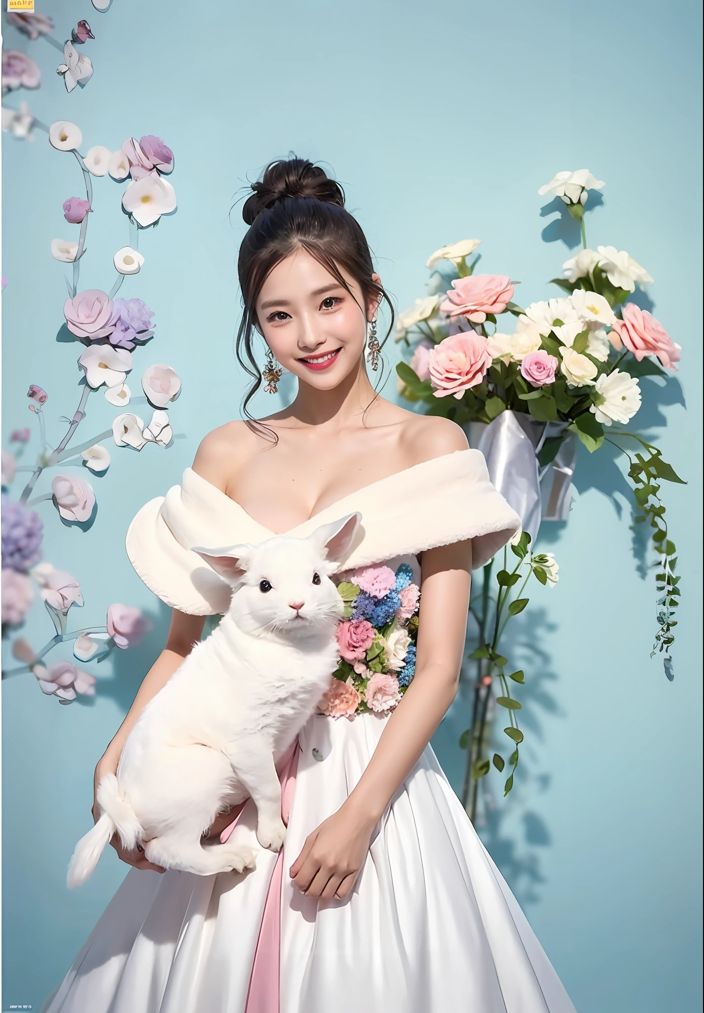 Flowers all over the wall, (best light: 1.2, cute Korean girl: 1.2, [white dress: 1.3], wearing pink long-haired mink bandeau dress, holding a white rabbit in her hand, multicolored flower wall, poster level, flowers on the wall are not crowded, elegant and colorful: 1.1, bright and moving: 1.1, [ultra-detailed: 1.2 + dynamic pose + delicate: 1.2],), big breasts, pursed lips and smiles, The sides are five-colored flowers, the wall is pink hydrangeas, roses, colorful chrysanthemums, and the background wall is a wall of flowers dominated by pink
