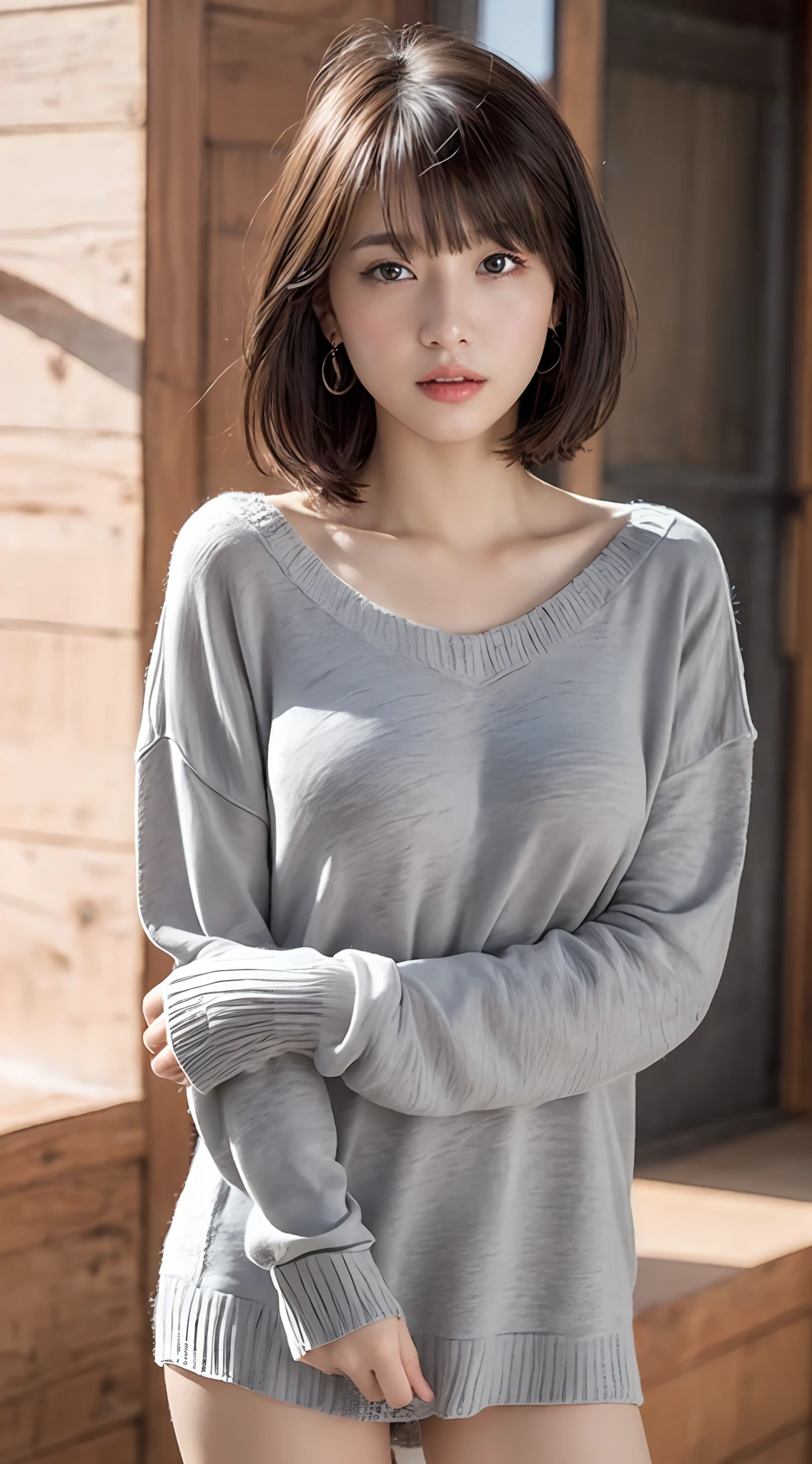 (8k, RAW photos, top quality, masterpiece: 1.2), ultra detailed, super resolution, (real, real photos: 1.37), portraits, high definition RAW color photos, professional photos, very detailed and beautiful, highly detailed, 8k wallpapers, amazing details, huge file size, official art, highly detailed CG Unity 8k wallpapers, highly detailed beautiful girls, highly detailed faces, Highly Detailed Eyes, Highly Detailed Skin, Highly Detailed Fingers, Very Detailed Nose, Highly Detailed Detailed Mouth, Perfect Anatomy, Detailed Background, Detailed Clothes, One Girl, (20:1.2), 20s, Cute Girl, Realistic Body, Petite, White Skin, Radiant Skin, Slim Body, Black Hair, Short Hair, (Blunt Bangs: 1.2), Cute, Youthful, Pretty Face, Realistic Face, Delicate Eyes, Sale Eyes, ( (Long sweater)), ((No pants)), ((bare legs)), ((Up)), ((Full body shot)), (No bra)))), Earrings, Looking at the camera, Cowboy shot, Facing Front, Standing Posture, Contrapposto, Dynamic Lighting, C Cup,