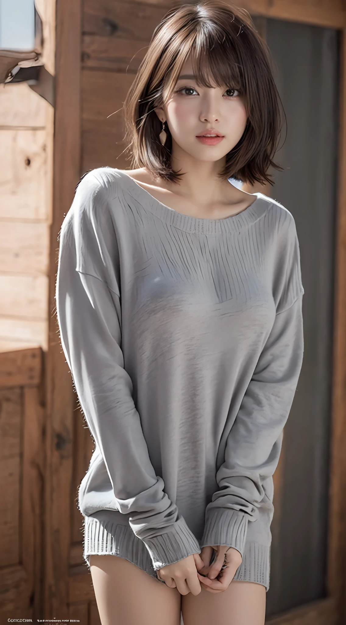 (8k, RAW photos, top quality, masterpiece: 1.2), ultra detailed, super resolution, (real, real photos: 1.37), portraits, high definition RAW color photos, professional photos, very detailed and beautiful, highly detailed, 8k wallpapers, amazing details, huge file size, official art, highly detailed CG Unity 8k wallpapers, highly detailed beautiful girls, highly detailed faces, Highly Detailed Eyes, Highly Detailed Skin, Highly Detailed Fingers, Very Detailed Nose, Highly Detailed Detailed Mouth, Perfect Anatomy, Detailed Background, Detailed Clothes, One Girl, (20:1.2), 20s, Cute Girl, Realistic Body, Petite, White Skin, Radiant Skin, Slim Body, Black Hair, Short Hair, (Blunt Bangs: 1.2), Cute, Youthful, Pretty Face, Realistic Face, Delicate Eyes, Sale Eyes, ( (Long sweater)), ((No pants)), ((bare legs)), ((Up)), ((Full body shot)), (No bra)))), Earrings, Looking at the camera, Cowboy shot, Facing Front, Standing Posture, Contrapposto, Dynamic Lighting, C Cup,