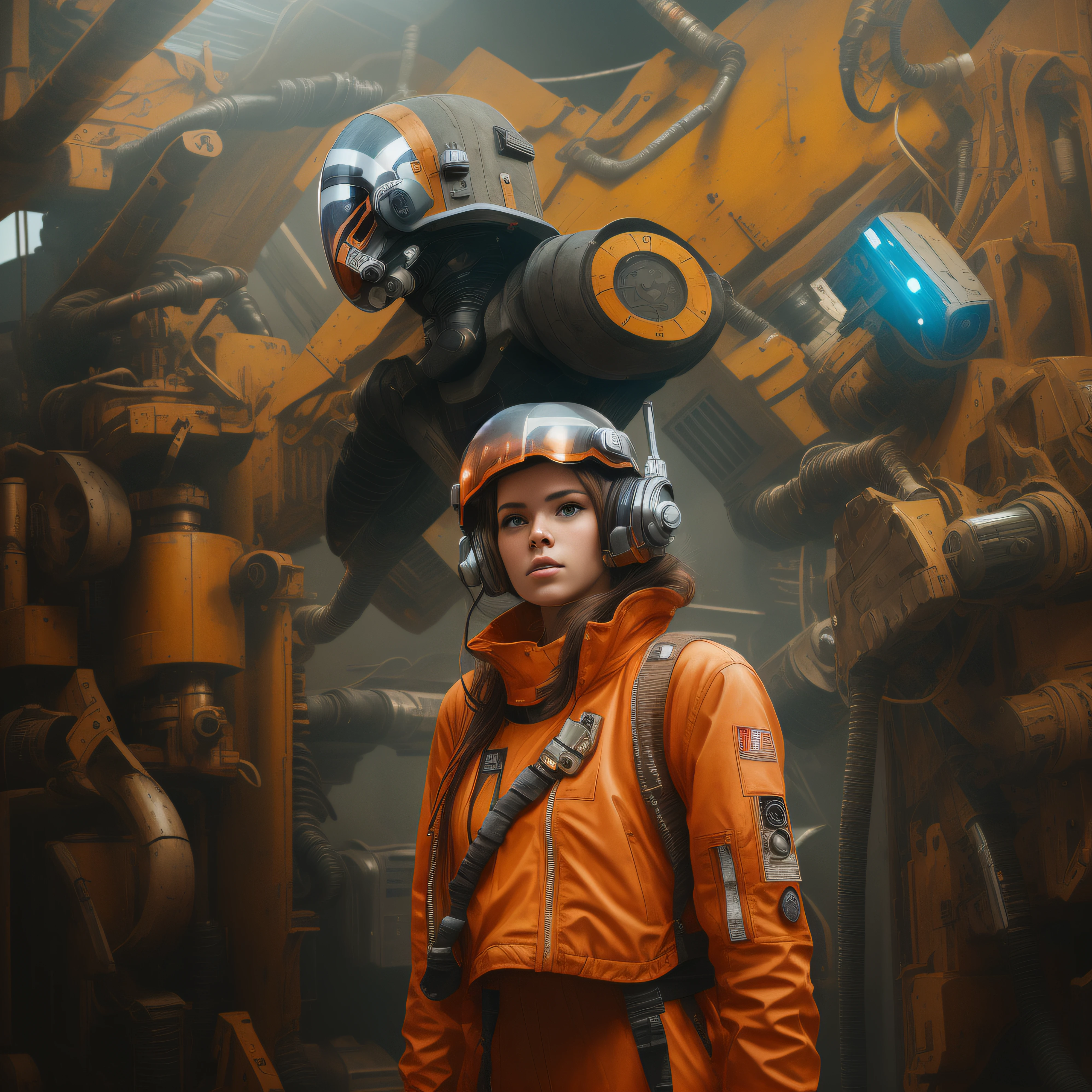 there is a woman X-wing pilot in an orange jacket and helmet standing in a room with lots of machinery, Star Wars art ultrarealistic 8k, cinematic look, portrait futuristic pilot girl, style hybrid mix of people, dreamy cyberpunk girl, girl in mecha cyber armor, portrait beautiful sci - fi girl, sci-fi movie