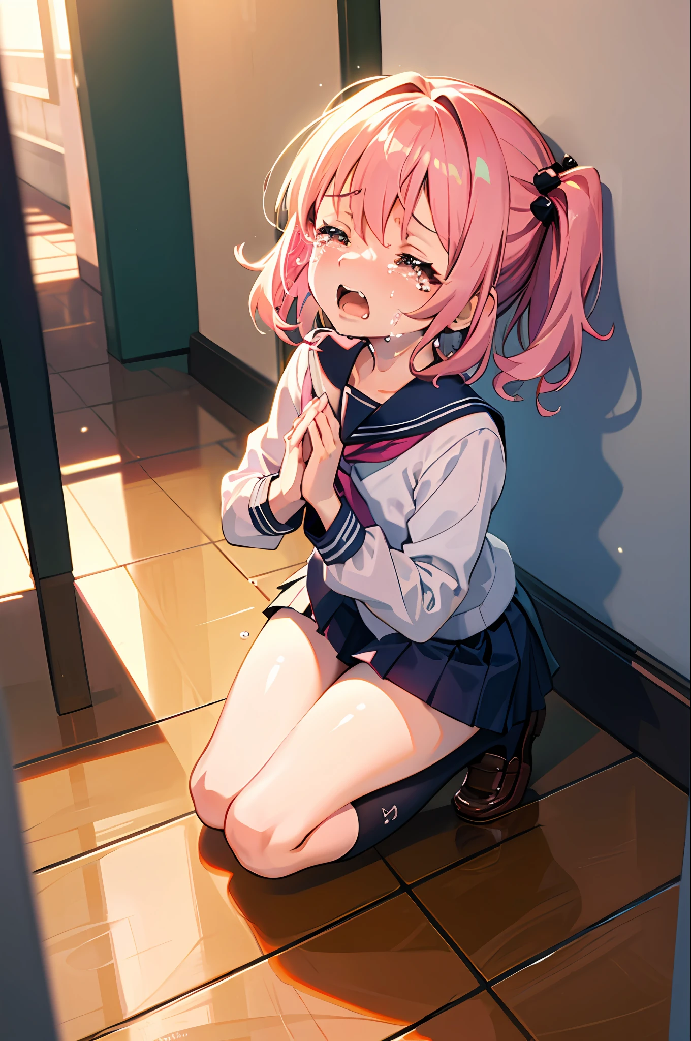 Top Quality, Masterpiece, High Definition, Very Detailed, 8k, One Girl, Cute, Anime, Crystal Clear White Skin, Asian Girl, Sensual, Full Body, Young, Junior High School, 13 Years Old, Child, (Hair color is light pink), School hallway, Summer cute uniform, Hair rises fluffily, Miniskirt, Lift-up skirt, Crying loudly, Close both eyes, scream, Awesome anger, High angle, crying, Looking up, kneeling hands crying on floor, front camera