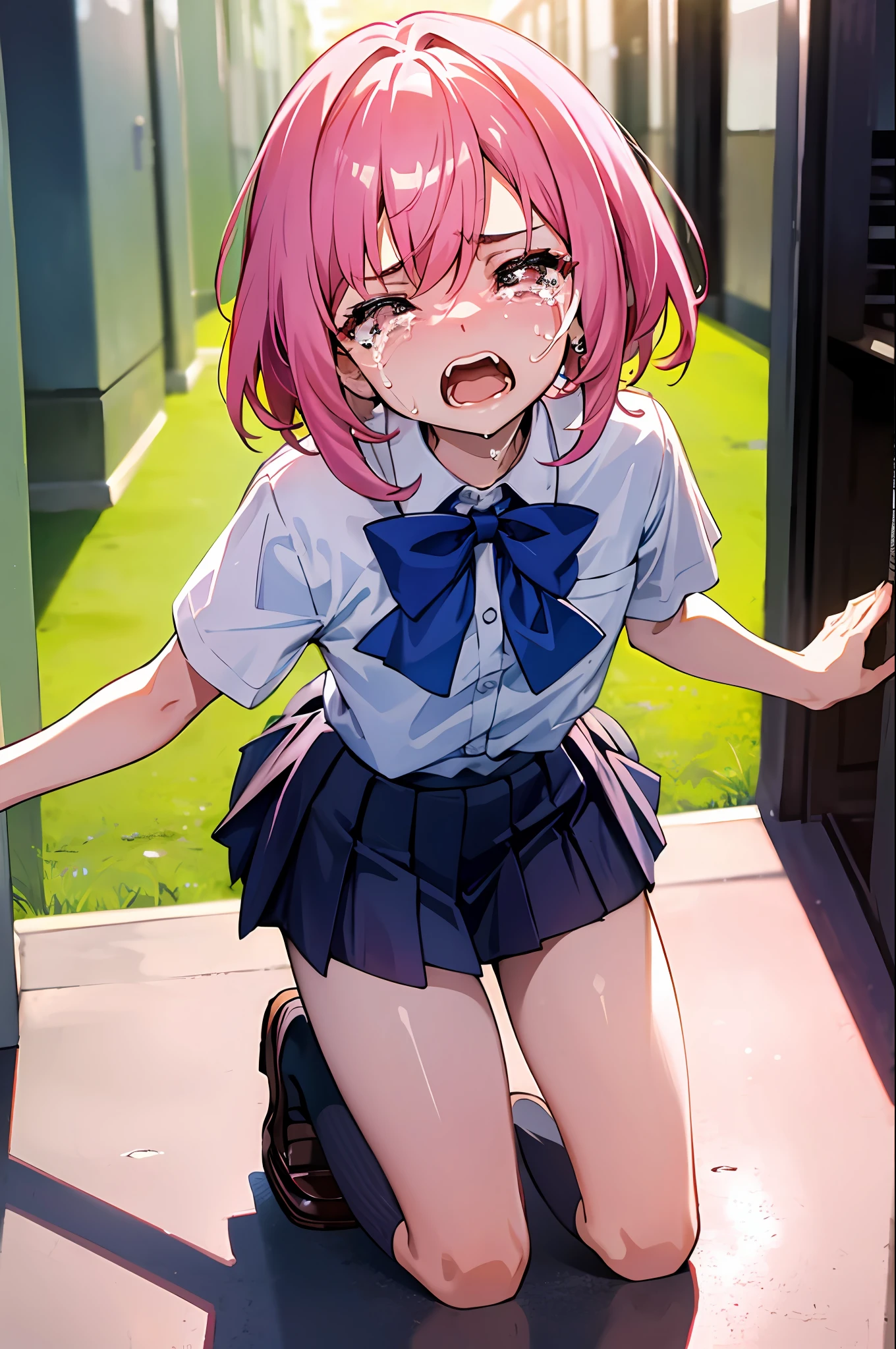 Top Quality, Masterpiece, High Definition, Very Detailed, 8k, One Girl, Cute, Anime, Crystal Clear White Skin, Asian Girl, Sensual, Full Body, Young, Junior High School, 13 Years Old, Child, (Hair color is light pink), School hallway, Summer cute uniform, Hair rises fluffily, Miniskirt, Lift-up skirt, Crying loudly, Close both eyes, scream, Awesome anger, High angle, crying, Looking up, kneeling hands crying on floor, front camera