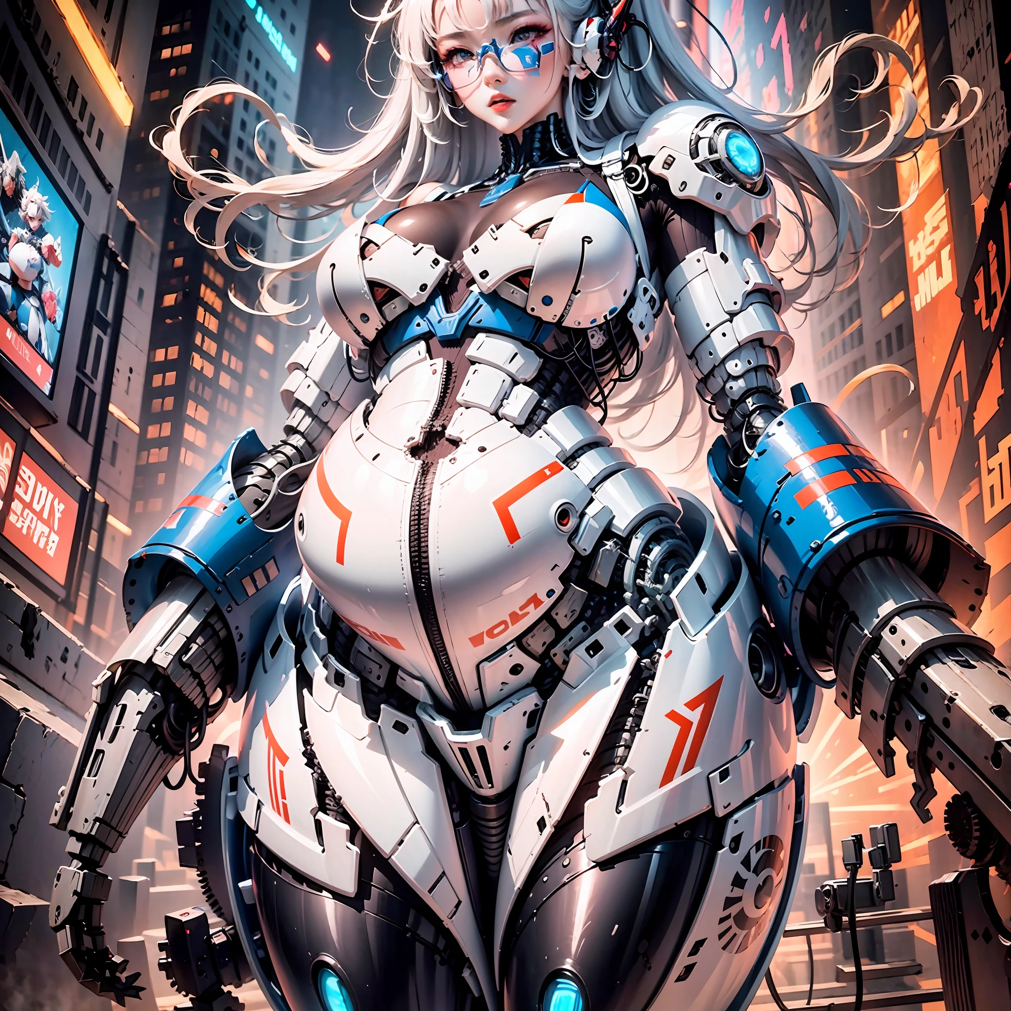 (Very detailed: 1.5) Futuristic mech girl on neon flashing sci-fi magazine cover, (Cyberpunk: 1.3) style, dressed in stylish combat suit with glowing accents, confidently posing as a giant robot in the background, (bold typography: 1.2), dynamic composition, bright colors, (Akira style: 1.1), (Hajime Sorayama inspiration: 1.2) pregnant, pregnant belly