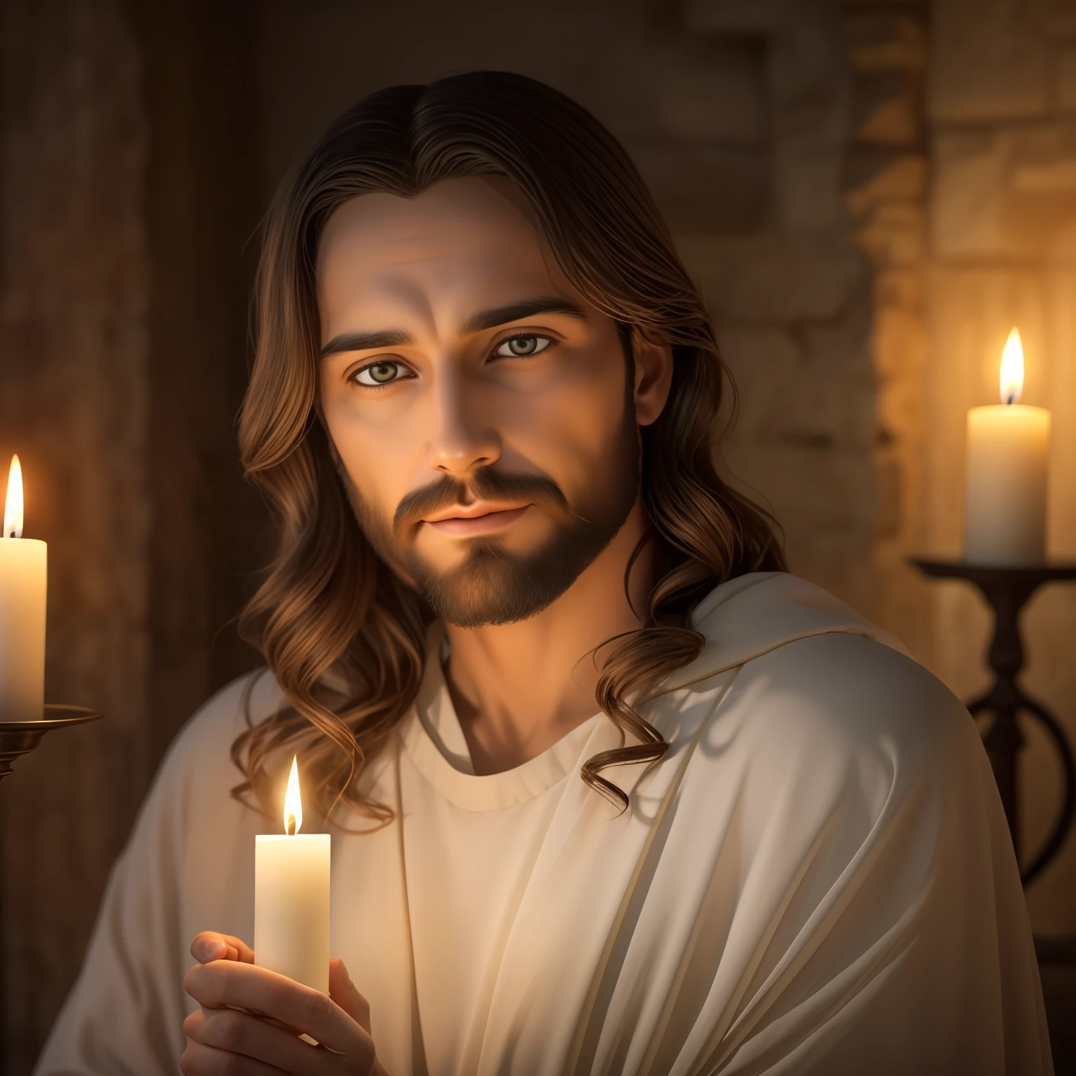 photo of Jesus, in biblical times Jesus, Photorealistic clear environment, full face, looking at the Camera, quiet eyes, serene and loving face, sweet look, is with lights in the background, The whole environment is clear, Photo taken by Bust, realistic, ultra-realistic, image of a candle lights highlighting the bright flame.