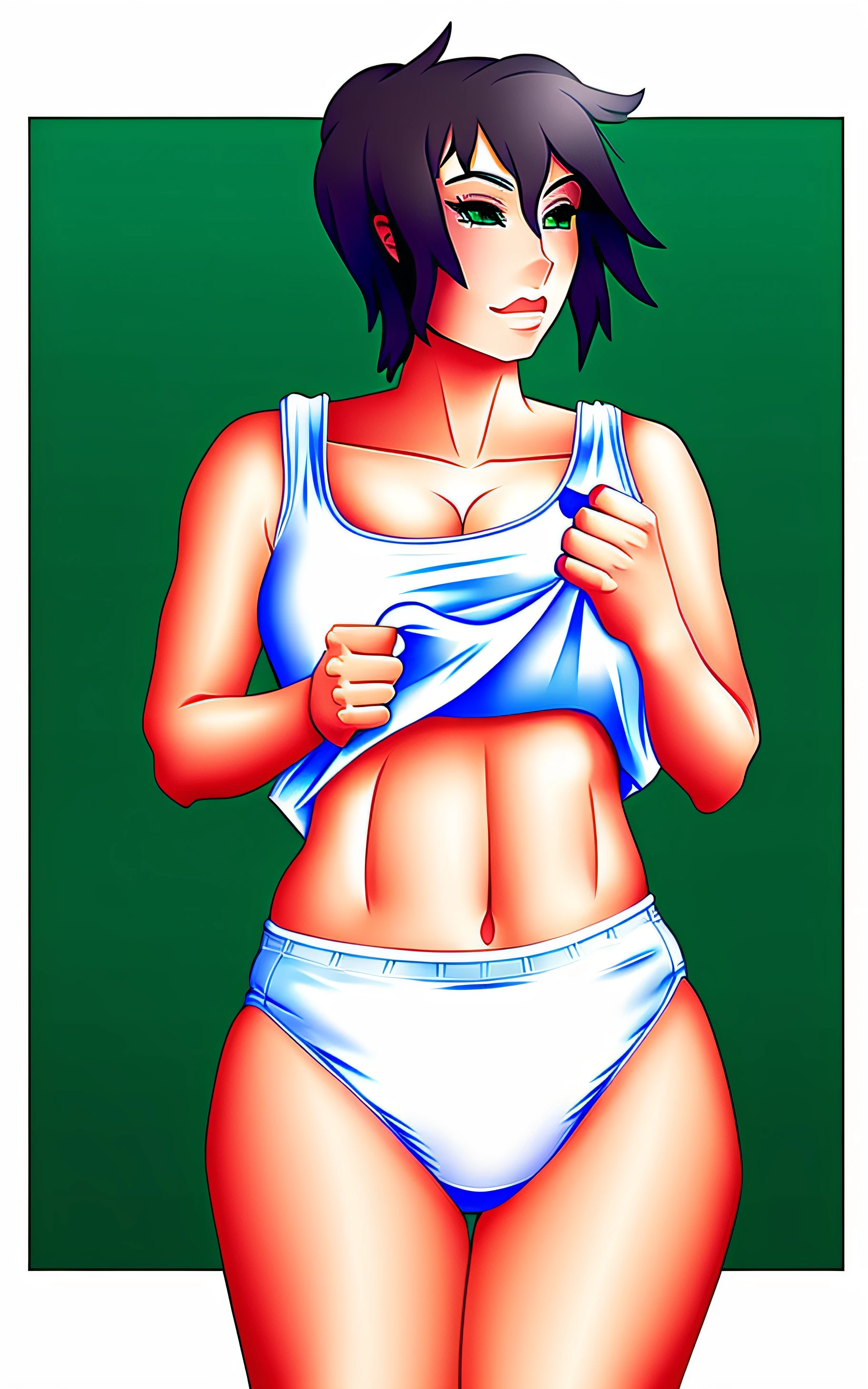 Curvy brunette Latina, lifting up white tank-top to reveal white cotton panties, anime art style, intricate details