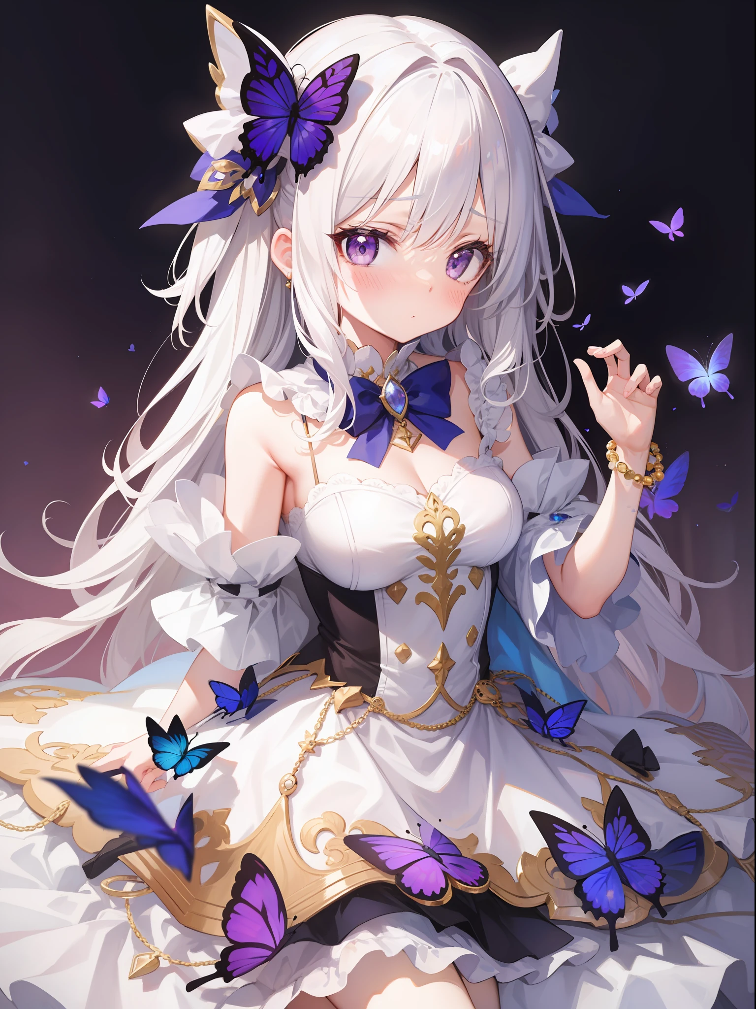 1girl pink moon, blue butterflies, jewels and glitter, shiny, pretty, fancy, beads, bedazzled , jewelry, charms, white hair, purple eyes, blush and flustered extpression, cinamatic, dramatic, cute, white dress with pattern, duckies