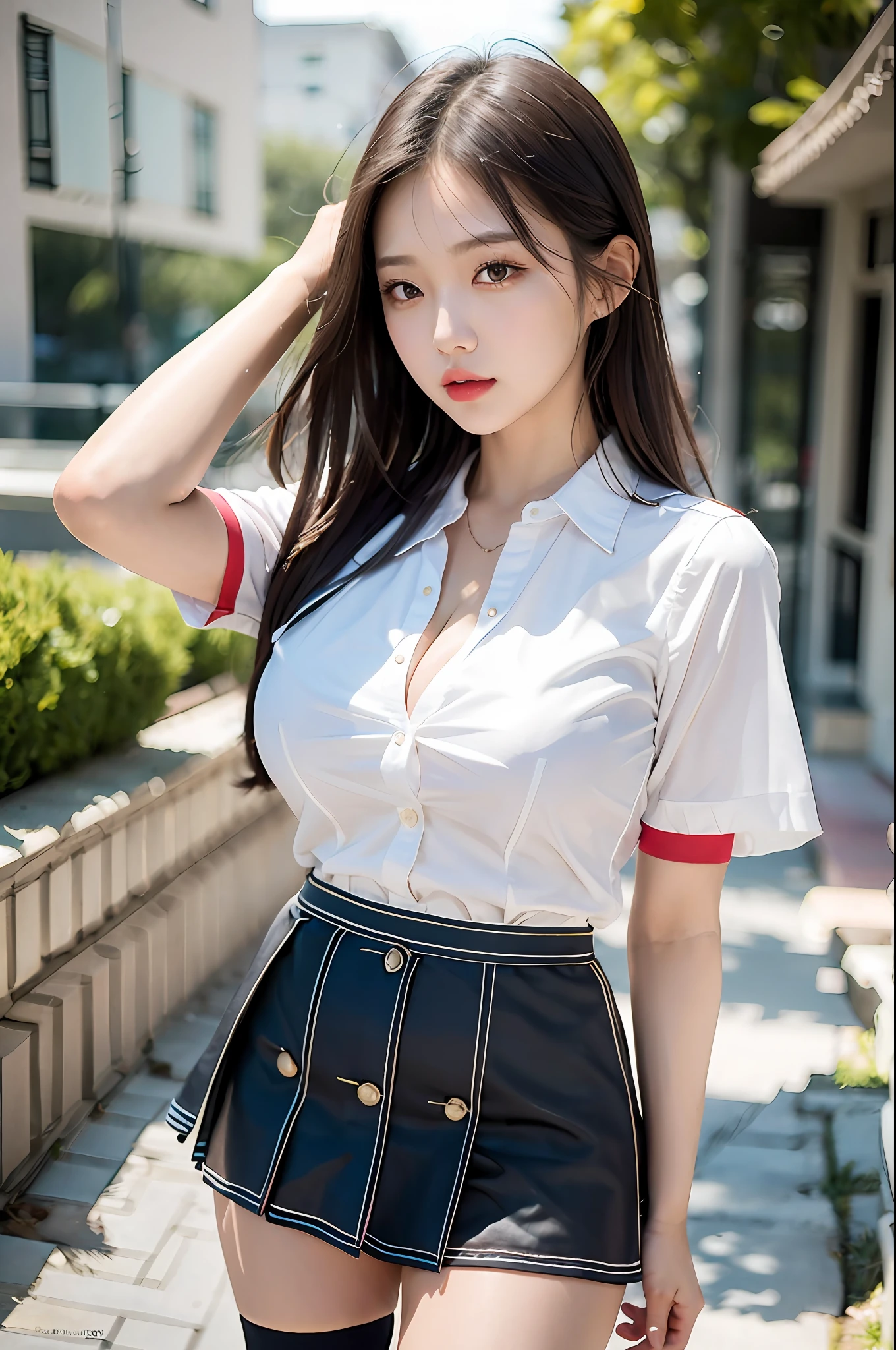 (beautiful eyes), (school-uniform-miniskirt:1.4), hands on legs, big breasts, slim legs, (masterpiece, best quality, realistic:1.3), 1 girl, solo, perfect proportion body, detailed eyes, kpop idol, korean beauty, [feminine pose], 18 years old korean student, white skin, large breasts, breastless_clothes, zettai_ryouiki, thigh_strap, cleavage_cutout