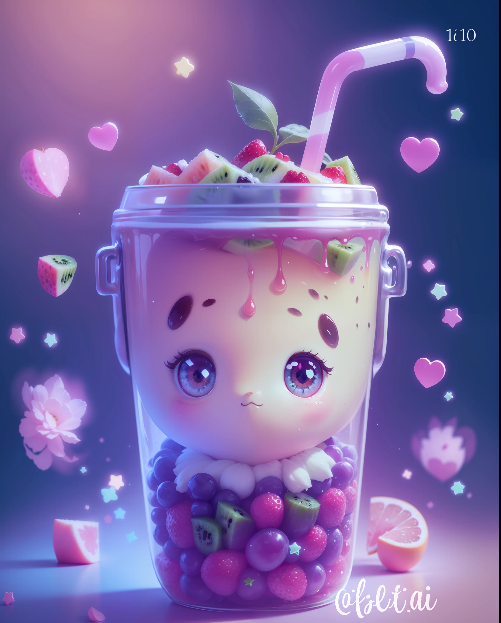 Glass of kiwi juice, fluffy and semi realistic, cute little eyes and fruit salad in details, green and red colors, background with sparkles