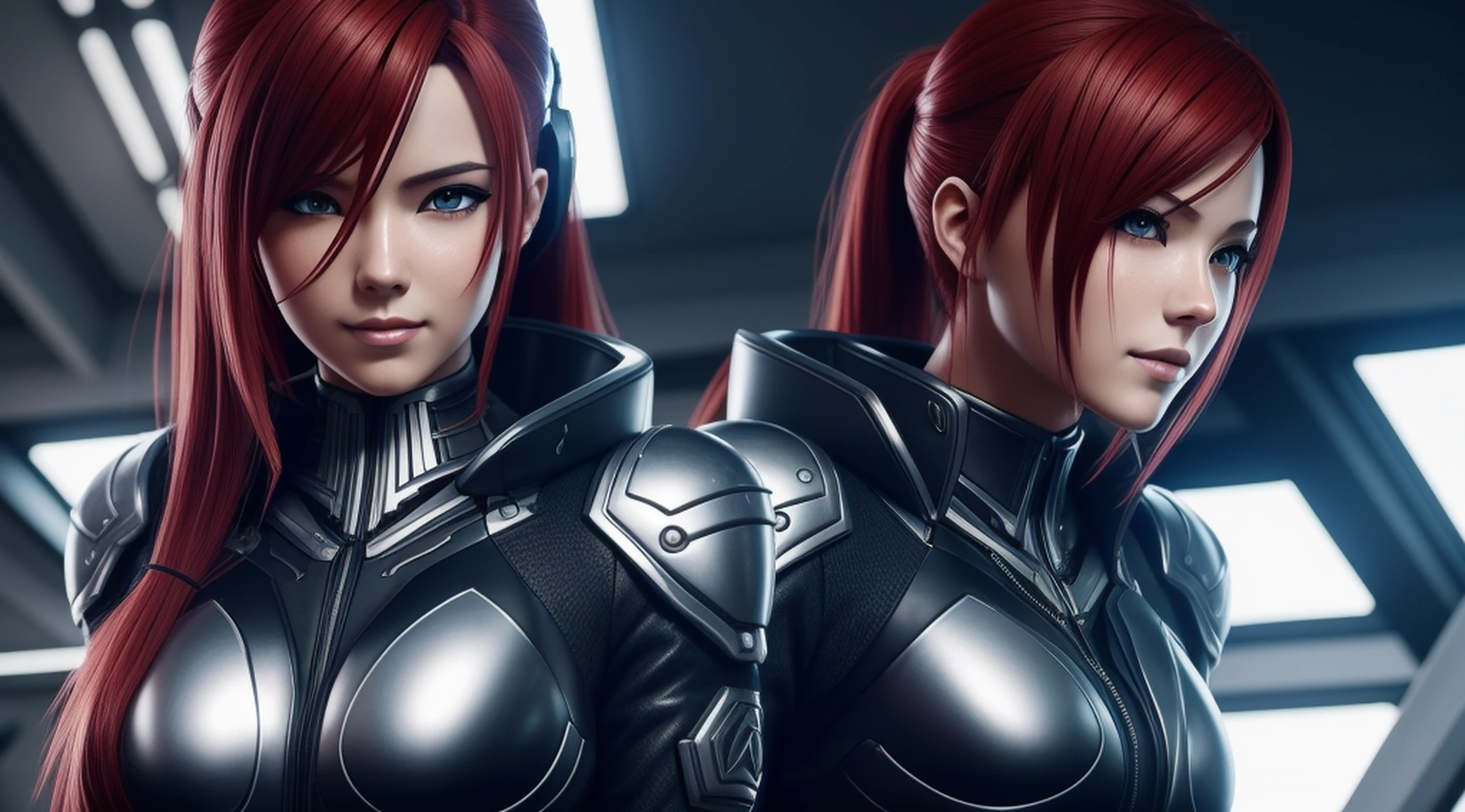 Arafed woman red hair in a black and silver outfit posing for a photo, cyberpunk oppai, extremely detailed artgerm, fanart best artstation, deviantart artstation cgscosiety, model ig | ArtGerm, Oppai Biomechanical, Armor Girl, 3D Render Character Art 8K, Alena Aenami and Artgerm, ArtStation Masterpiece