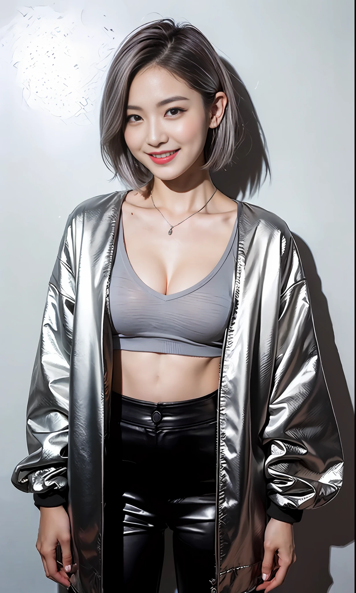 (Masterpiece), (RAW photo, best quality), (realistic, photorealistic:1.2), (ultra high definition), (super detail), (best shadow), 1 girl, solo, recording studio, ((black riders jacket,red t-shirt)), (men's shirt), no bra, collarbone, (big 1.2), (short silver hair:1.2), watch the viewer, smile, full body, Rock vocalist