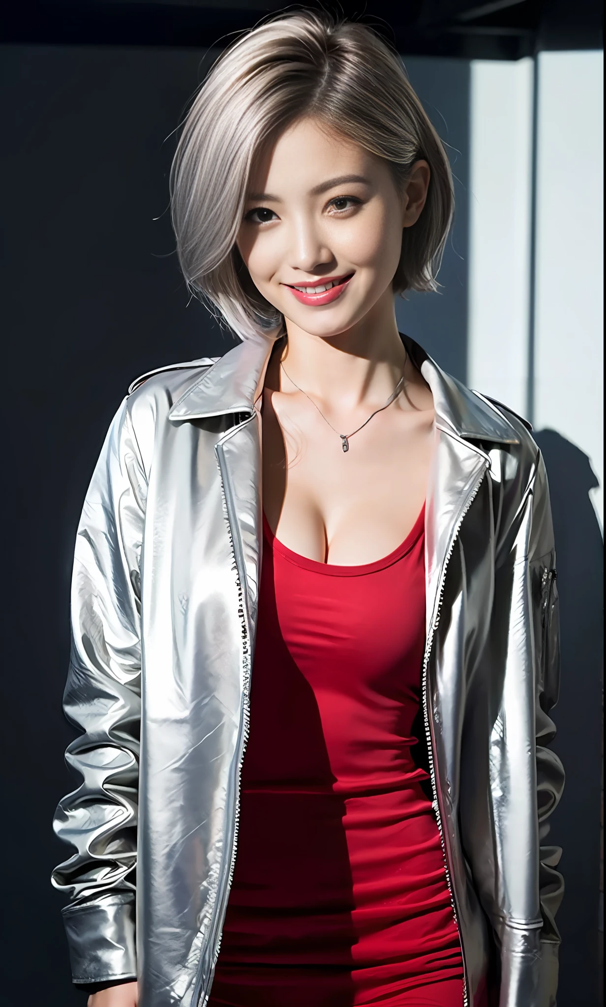 (Masterpiece), (RAW photo, best quality), (realistic, photorealistic:1.2), (ultra high definition), (super detail), (best shadow), 1 girl, solo, recording studio, ((black riders jacket,red t-shirt)), (men's shirt), no bra, collarbone, (big 1.2), (short silver hair:1.2), watch the viewer, smile, full body, Rock vocalist