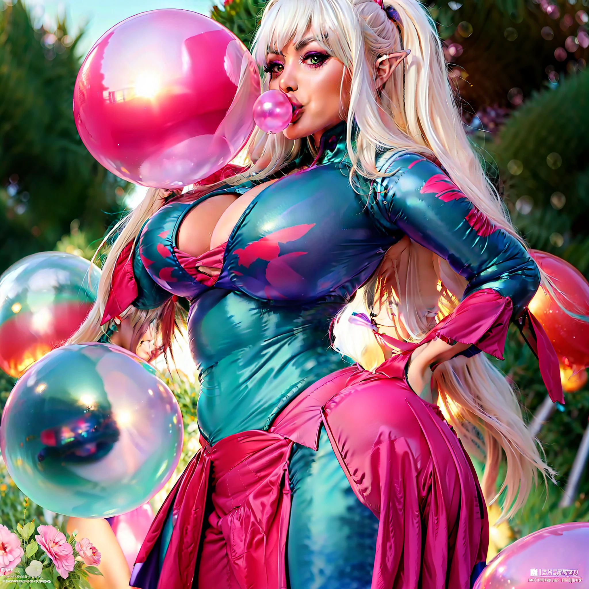 realistic, Japanese elf, 1girl, thick long white hair with Fuchsia and red streaks, purple eyes, glowing eyes, smirking, crop top, tight mini skirt, blue leggings, parted lips, blush, night, flowers, sun, sunlight, massive big breasted bimbo, Green and sea blue colored armored spacesuit with logos on , massive(inflating bubble gum, blow bubble), thick pouty bright pink inflated balloon lips, massive( under clothes), futa bulge, bulge, Side Triceps posing,🌄🌅sky, roman villa, behance, pixiv, artstation, reflections,8k,4K, ☀️🔥🌌💎💯🔝
