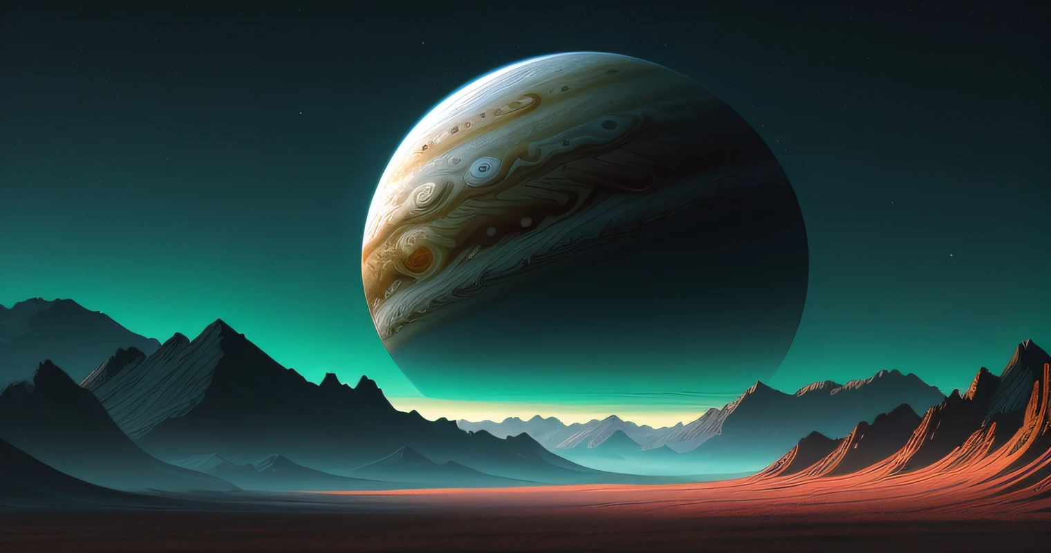 illustration of jupiter clouds by dan mumford, alien landscape and vegetation, epic scene, a lot of swirling clouds, high exposure, highly detailed, realistic, vibrant blue tinted colors, uhd