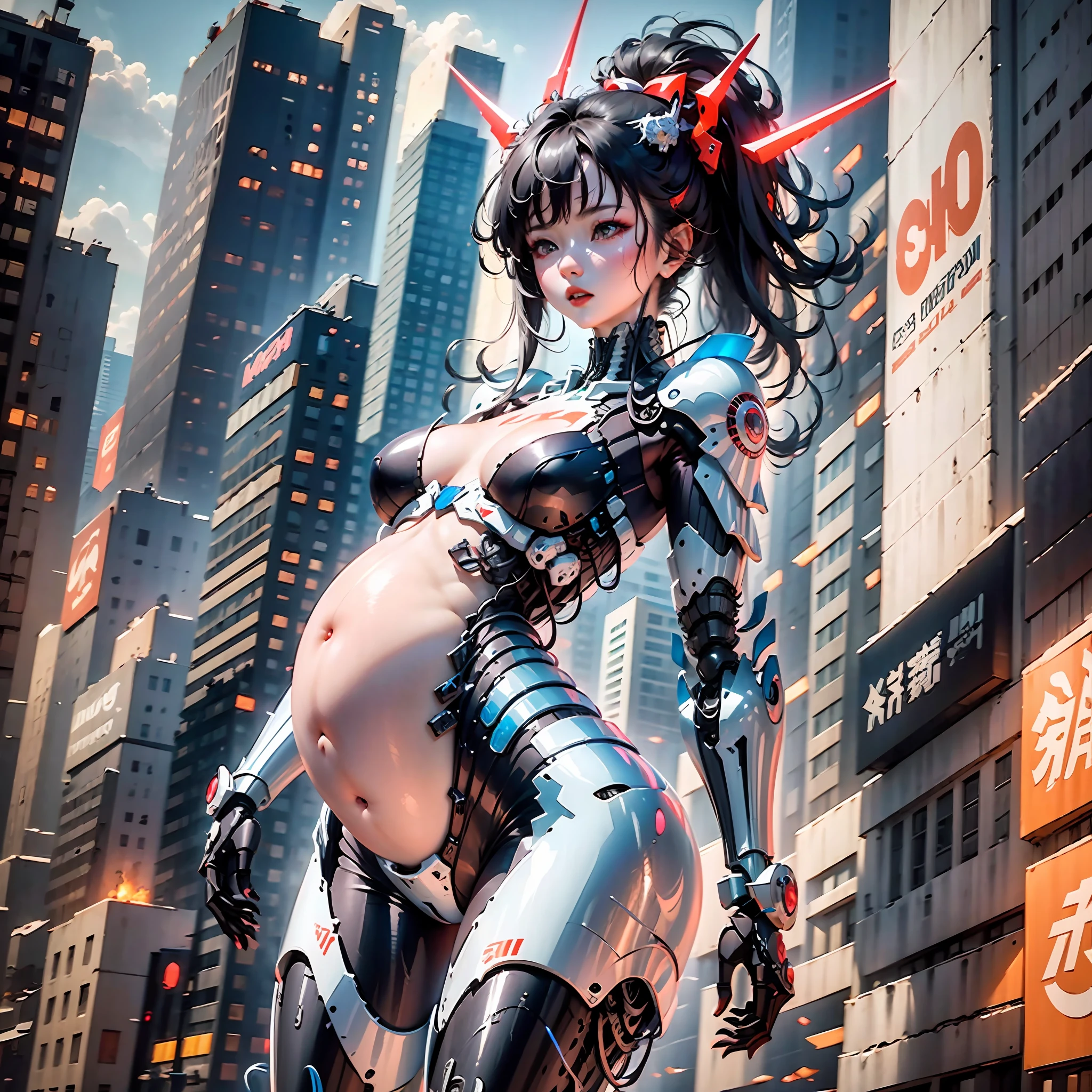 (Very detailed: 1.5) Futuristic mech girl on neon flashing sci-fi magazine cover, (Cyberpunk: 1.3) style, dressed in stylish combat suit with glowing accents, confidently posing as a giant robot in the background, (bold typography: 1.2), dynamic composition, bright colors, (Akira style: 1.1), (Hajime Sorayama inspiration: 1.2) pregnant, pregnant belly