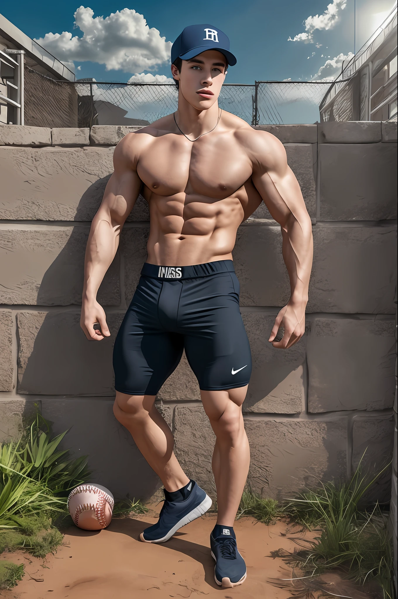 Full body view, realistic photo, A strong and handsome 23-year-old Shawn Mendes man, with a sculpted Bodybuilder physique, confidently dressed in a baseball cap and a stylish compression shorts, highlighting his striking cleft chin and muscular arms, barefoot. Dramatic lighting, mega Gigachad.