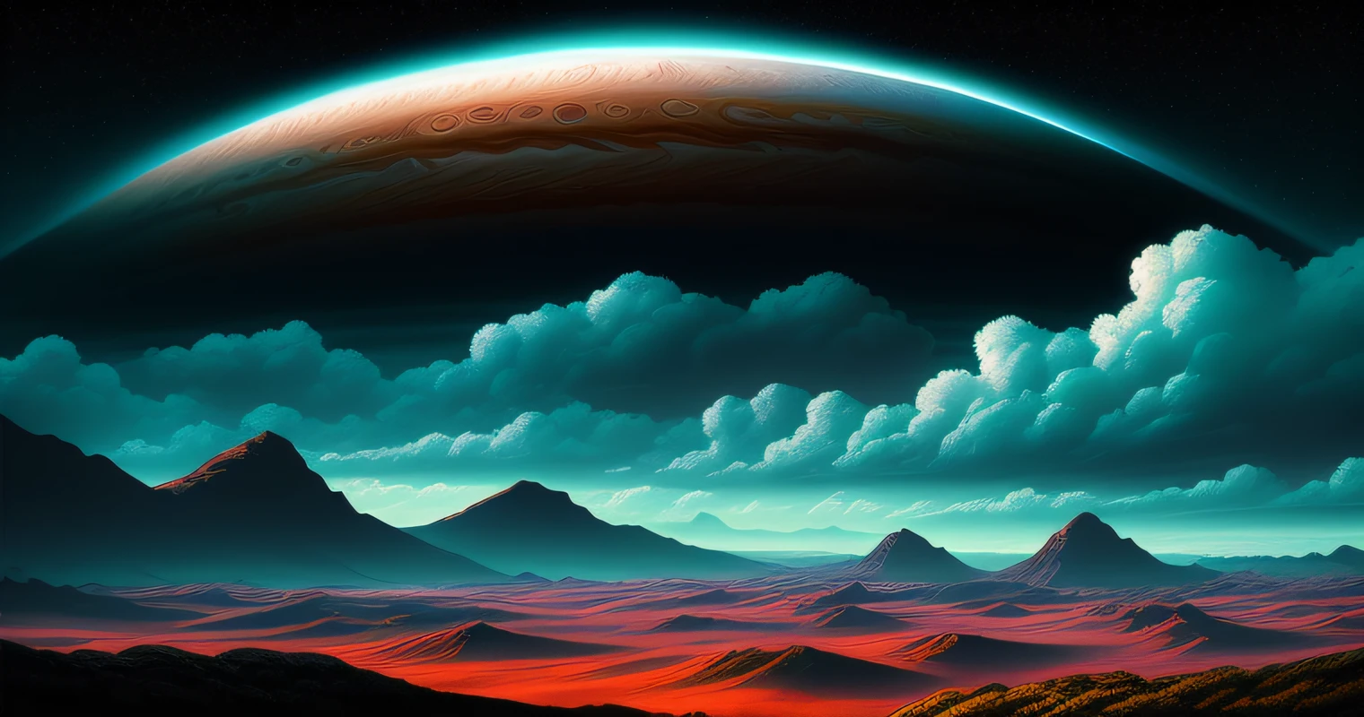 illustration of jupiter clouds by dan mumford, alien landscape and vegetation, epic scene, a lot of swirling clouds, high exposure, highly detailed, realistic, vibrant blue tinted colors, uhd