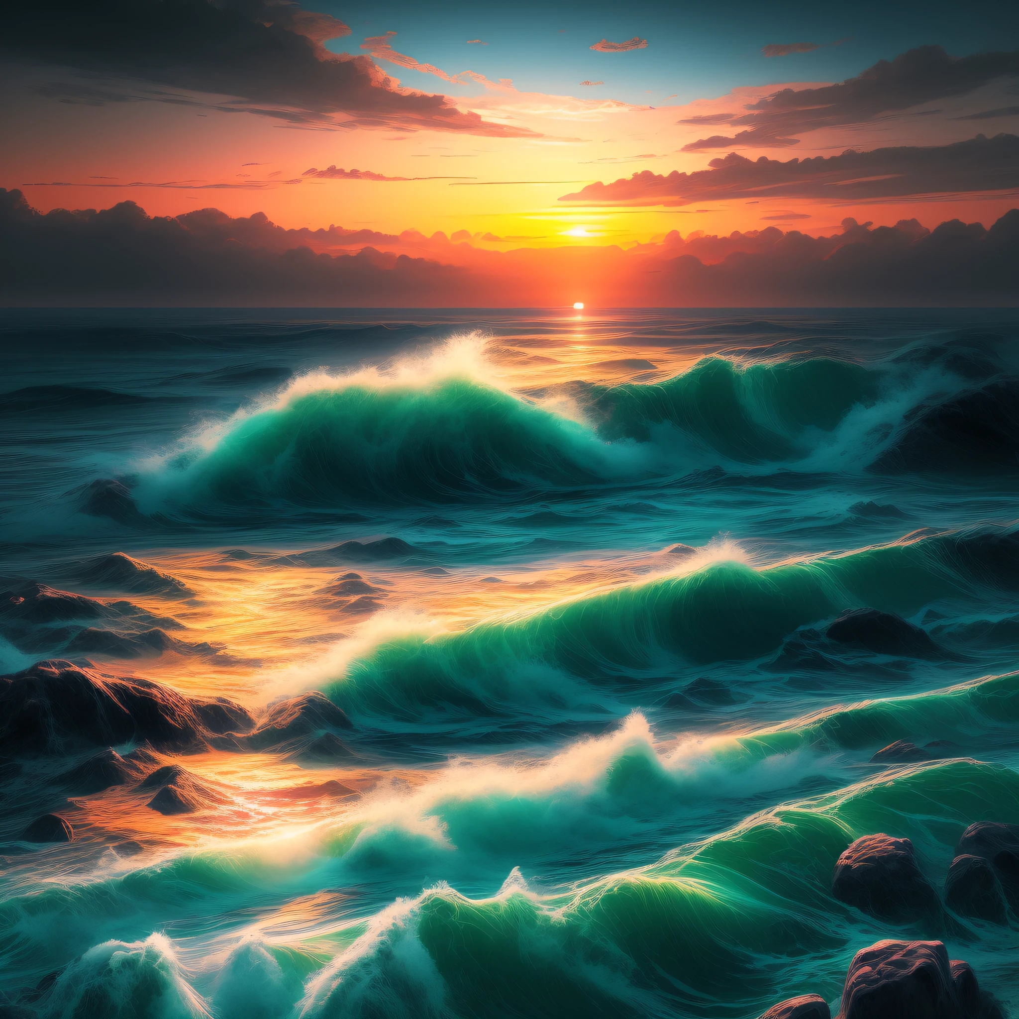 arafed view of a sunset over the ocean with waves, highly detailed digital painting, fantasy sea landscape, beautiful ocean, chaotic sea setting, colorful sunset, digital painting highly detailed, 4k highly detailed digital art, ocean waves, beautiful art uhd 4 k, sea waves, beautiful digital painting, highly detailed digital artwork, very detailed digital painting, turquoise horizon