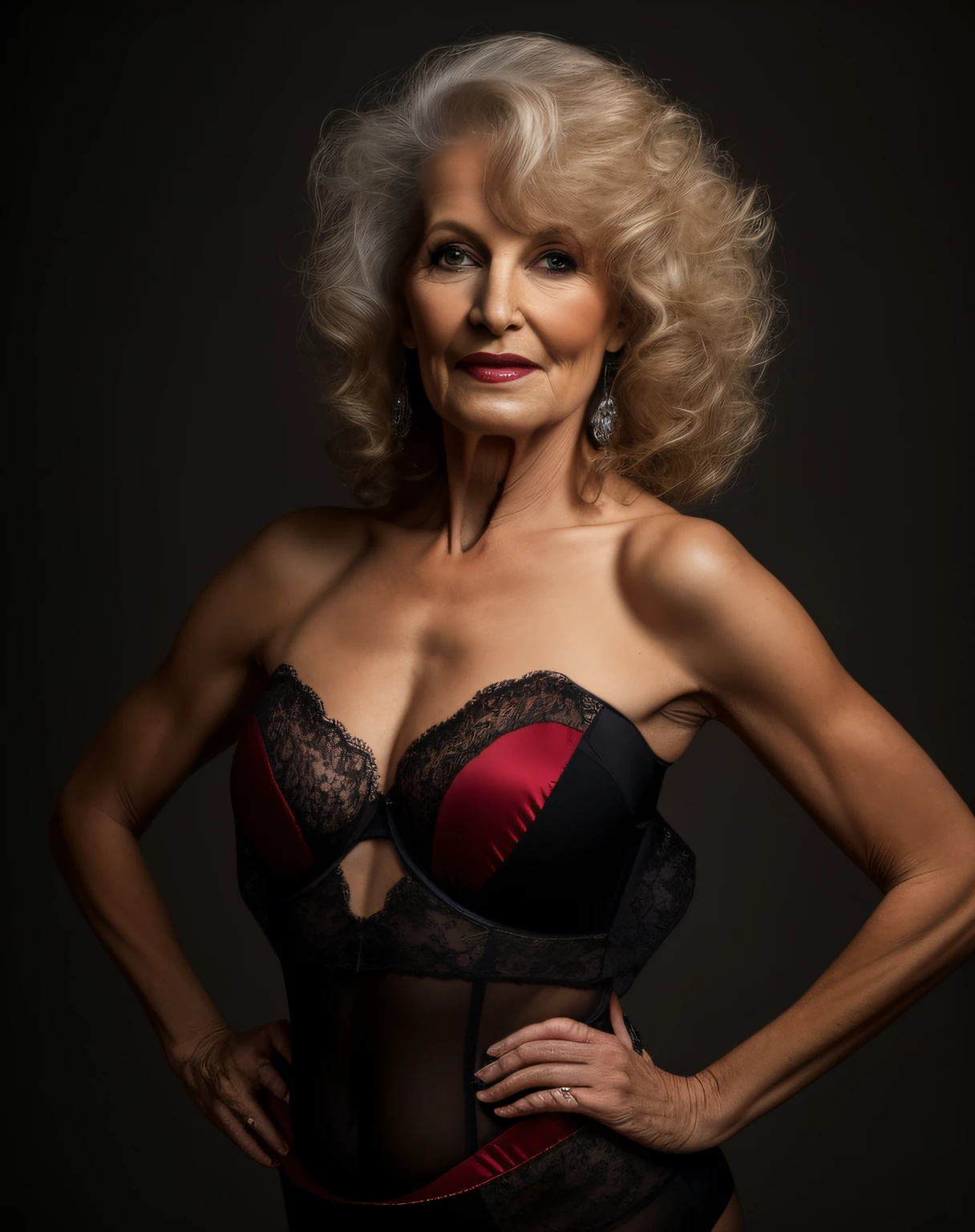 blond woman in a black and red lingerie posing for a picture, 4 k glamour photography, upper body portrait, 70 years old, 7 0 years old, glamour photography, she is about 7 0 years old, wrinkled skin, body portrait, seductive lady, late - 4 0 s aged, aged 4 0, glamour portrait