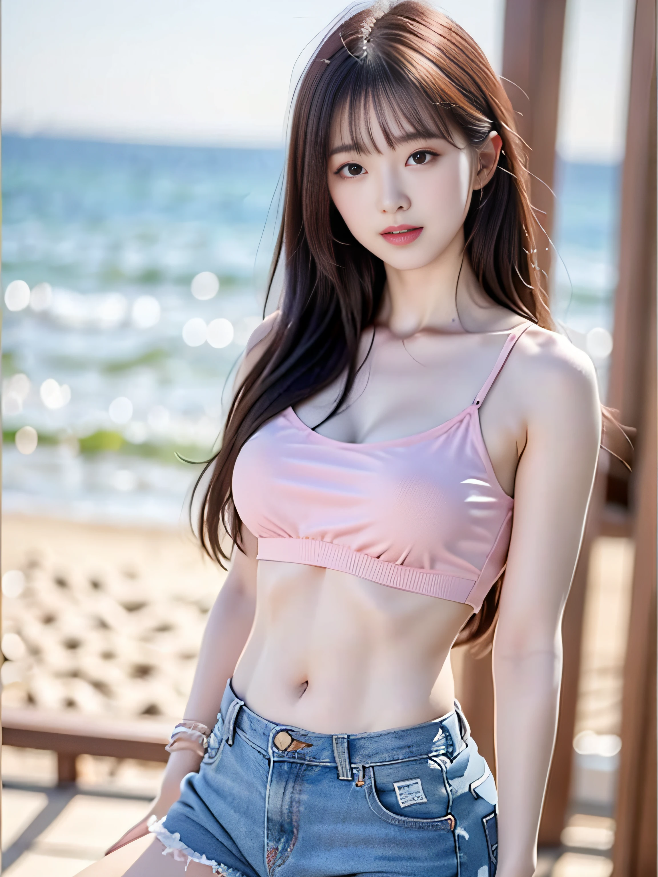 Close up of a woman in fan top and shorts, beach in background, seaside, sea, landscape, 2 4 year old female model, sexy girl, photo of slim girl model in sexy cropped top, pink top, slim girl model, sexy: 8, bra and shorts streetwear, her navel exposed, sexy girl wearing shorts, gorgeous chinese model, crop top blouse, sexy style, crop top with long legs, denim shorts