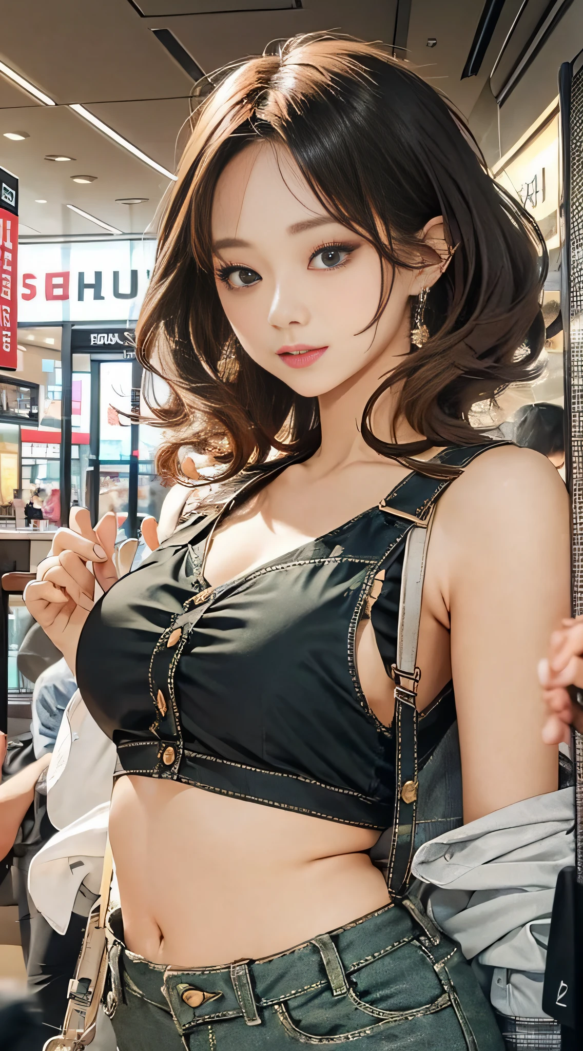 (masterpiece, best quality), beautiful woman, cropped shirt, suspenders, shorts, short wavy hair, asymmetrical bangs, perfect face, beautiful face, alluring, big gorgeous eyes, soft smile, perfect slim fit body, shopping mall, seoul, bright colors