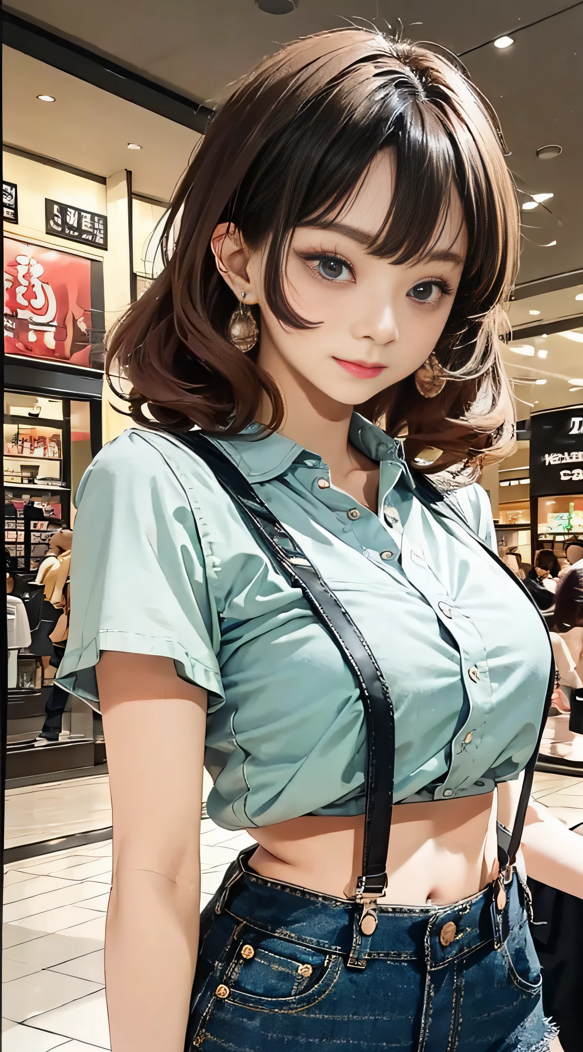 (masterpiece, best quality), beautiful woman, cropped shirt, suspenders, shorts, short wavy hair, asymmetrical bangs, perfect face, beautiful face, alluring, big gorgeous eyes, soft smile, perfect slim fit body, shopping mall, seoul, bright colors