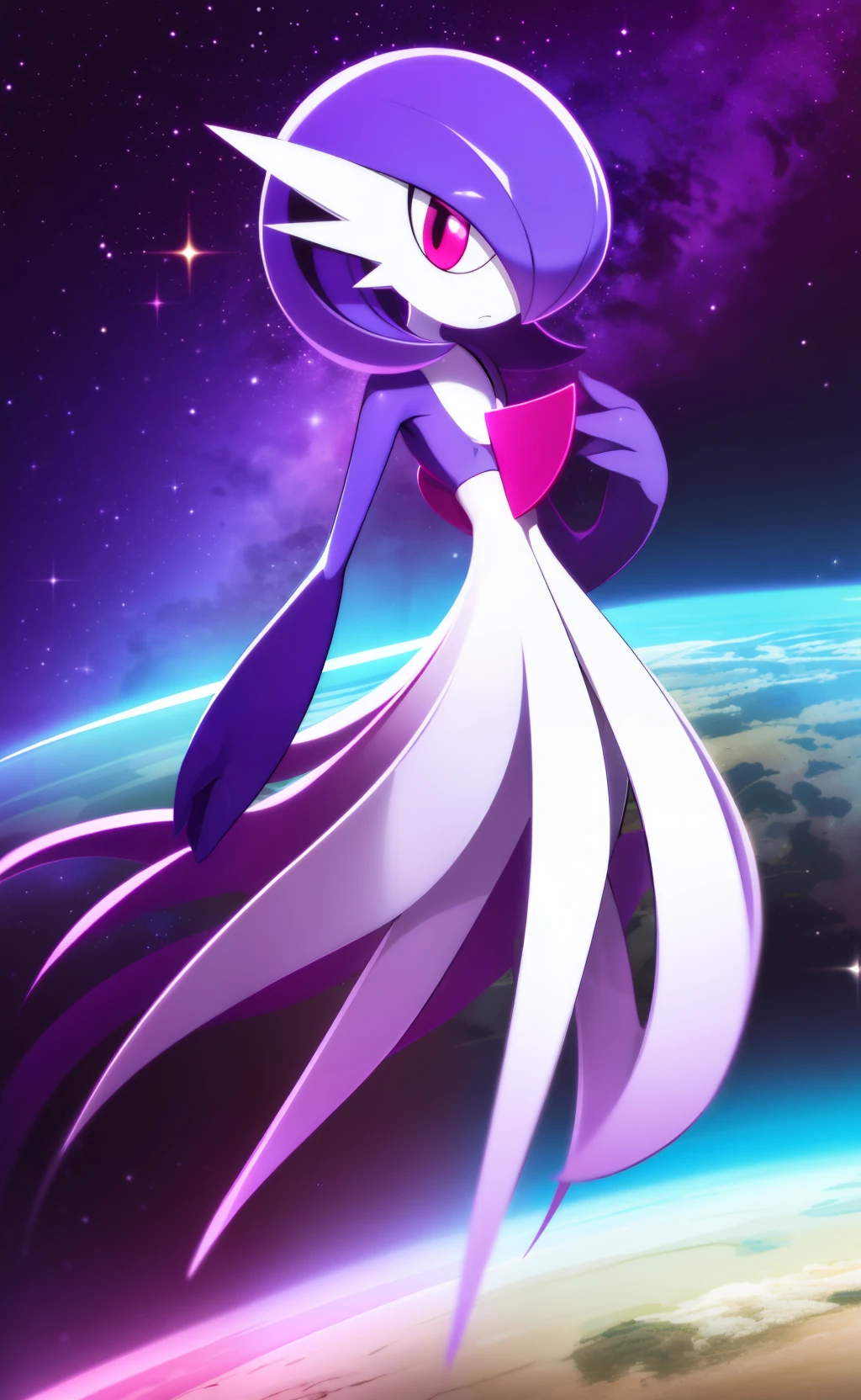 masterpiece, best quality, 1girl, solo, gardevoir, white dress, creatures \(company\), game freak, nintendo, pokemon, pokemon \(game\), bangs, colored skin, female focus, flat chest, gen 3 pokemon, deep purple hair, gradient hair, deep purple skin, hair over one eye, multicolored skin, pokemon \(creature\), red eyes, short hair, two-tone skin, white skin, space, glowing purple